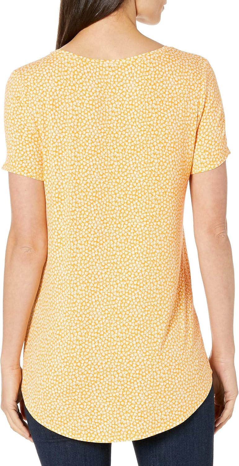 image:imageAmazon Essentials Womens ShortSleeve Scoopneck Tunic Tops TShirt Stretchy Pack of 2NavyYellow Tulips