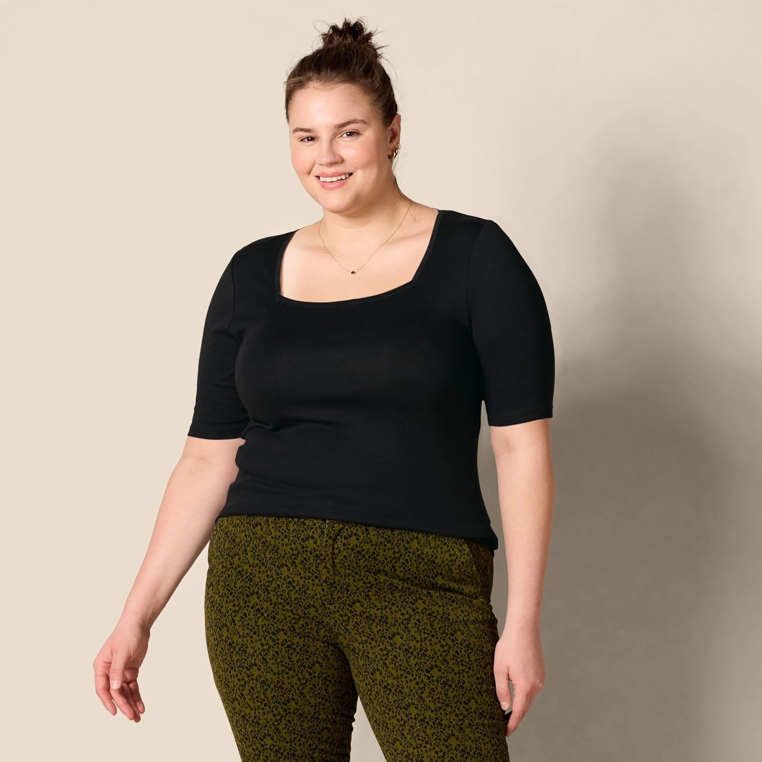 image:imageAmazon Essentials Womens Slim Fit Half Sleeve Square Neck Cotton Modal TShirtBlack