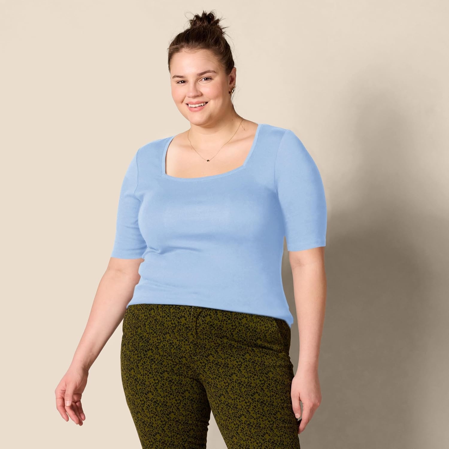 image:imageAmazon Essentials Womens Slim Fit Half Sleeve Square Neck Cotton Modal TShirtBlue Provence