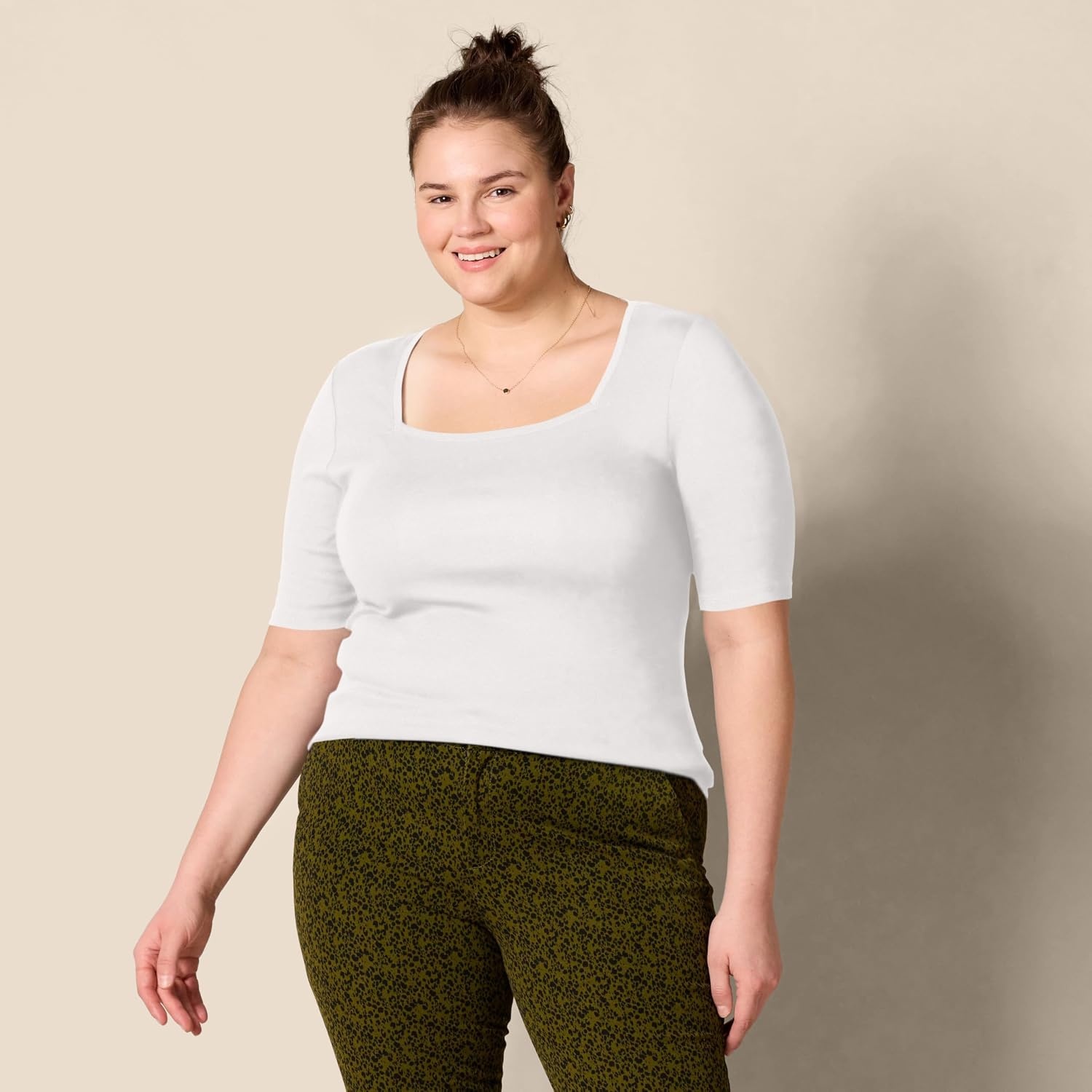 image:imageAmazon Essentials Womens Slim Fit Half Sleeve Square Neck Cotton Modal TShirtBright White