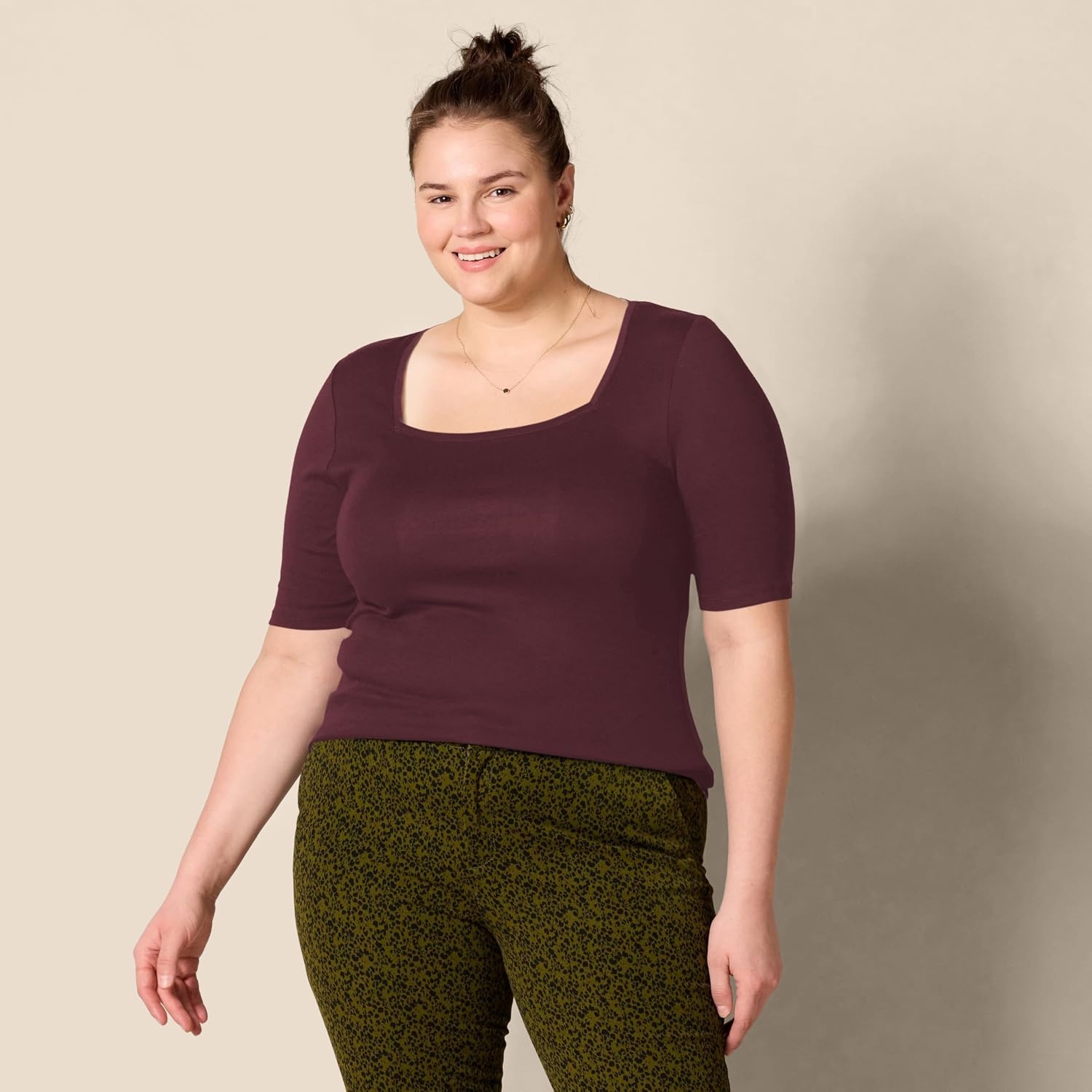 image:imageAmazon Essentials Womens Slim Fit Half Sleeve Square Neck Cotton Modal TShirtBurgundy