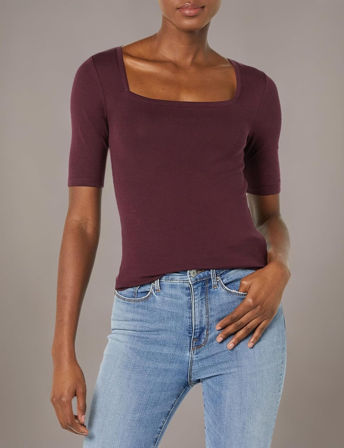 image:imageAmazon Essentials Womens Slim Fit Half Sleeve Square Neck Cotton Modal TShirtBurgundy