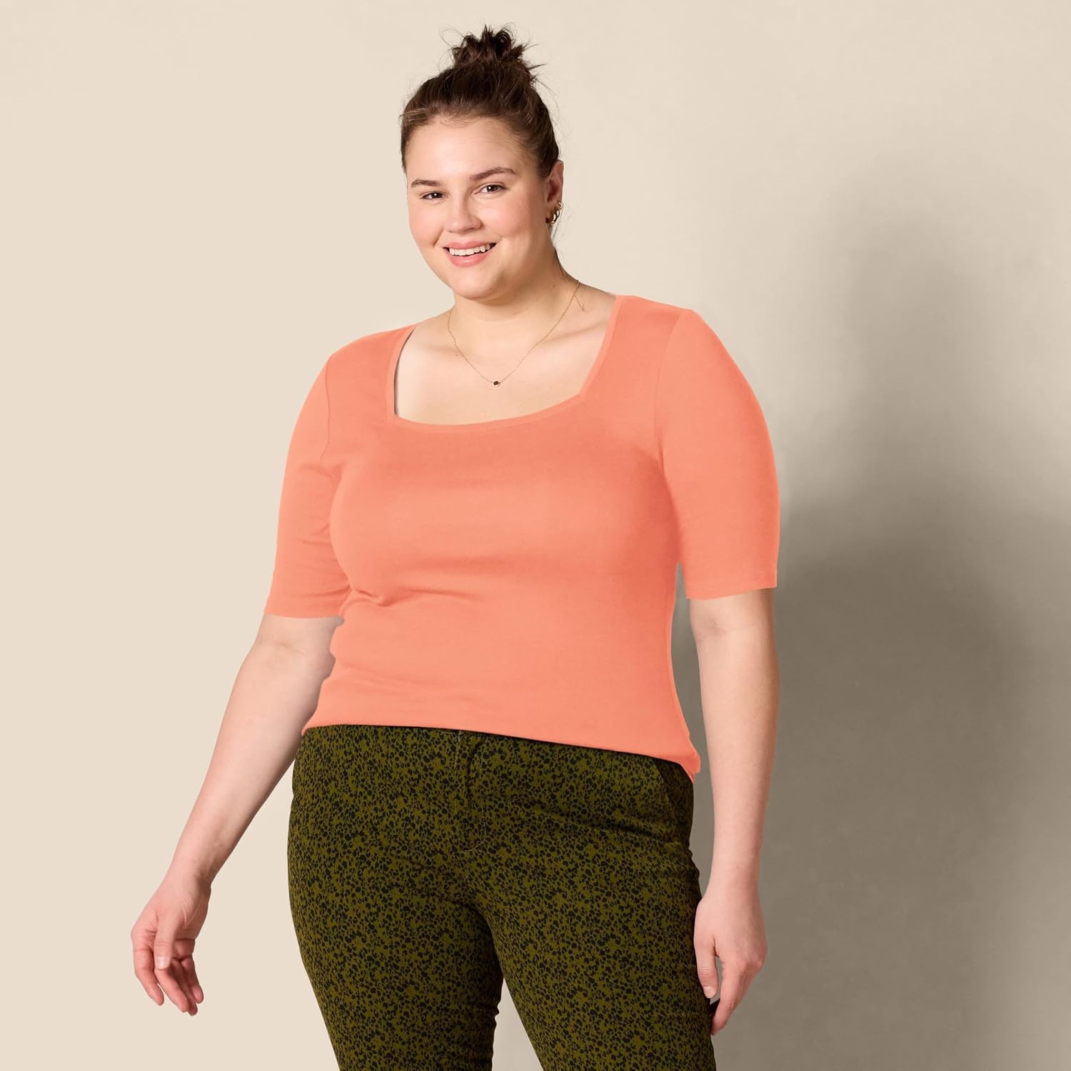 image:imageAmazon Essentials Womens Slim Fit Half Sleeve Square Neck Cotton Modal TShirtClay