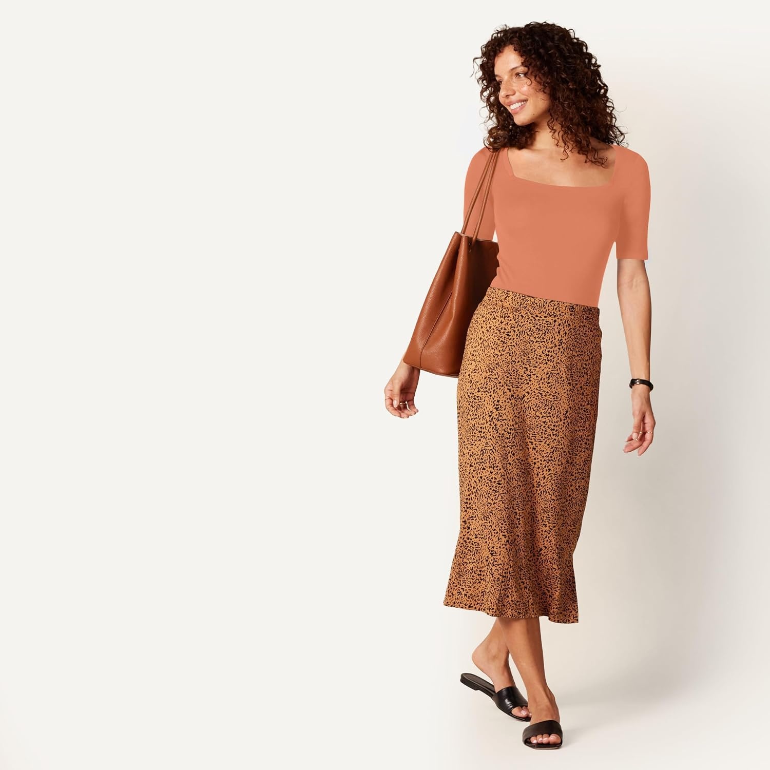 image:imageAmazon Essentials Womens Slim Fit Half Sleeve Square Neck Cotton Modal TShirtCoral Orange