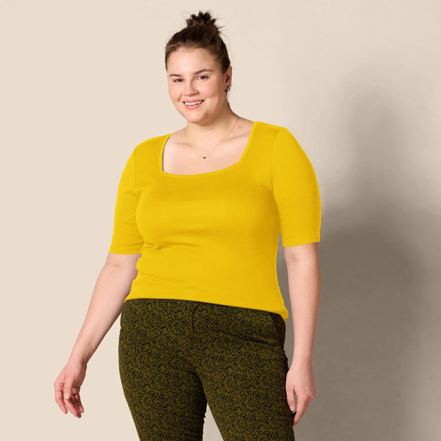 image:imageAmazon Essentials Womens Slim Fit Half Sleeve Square Neck Cotton Modal TShirtDark Yellow
