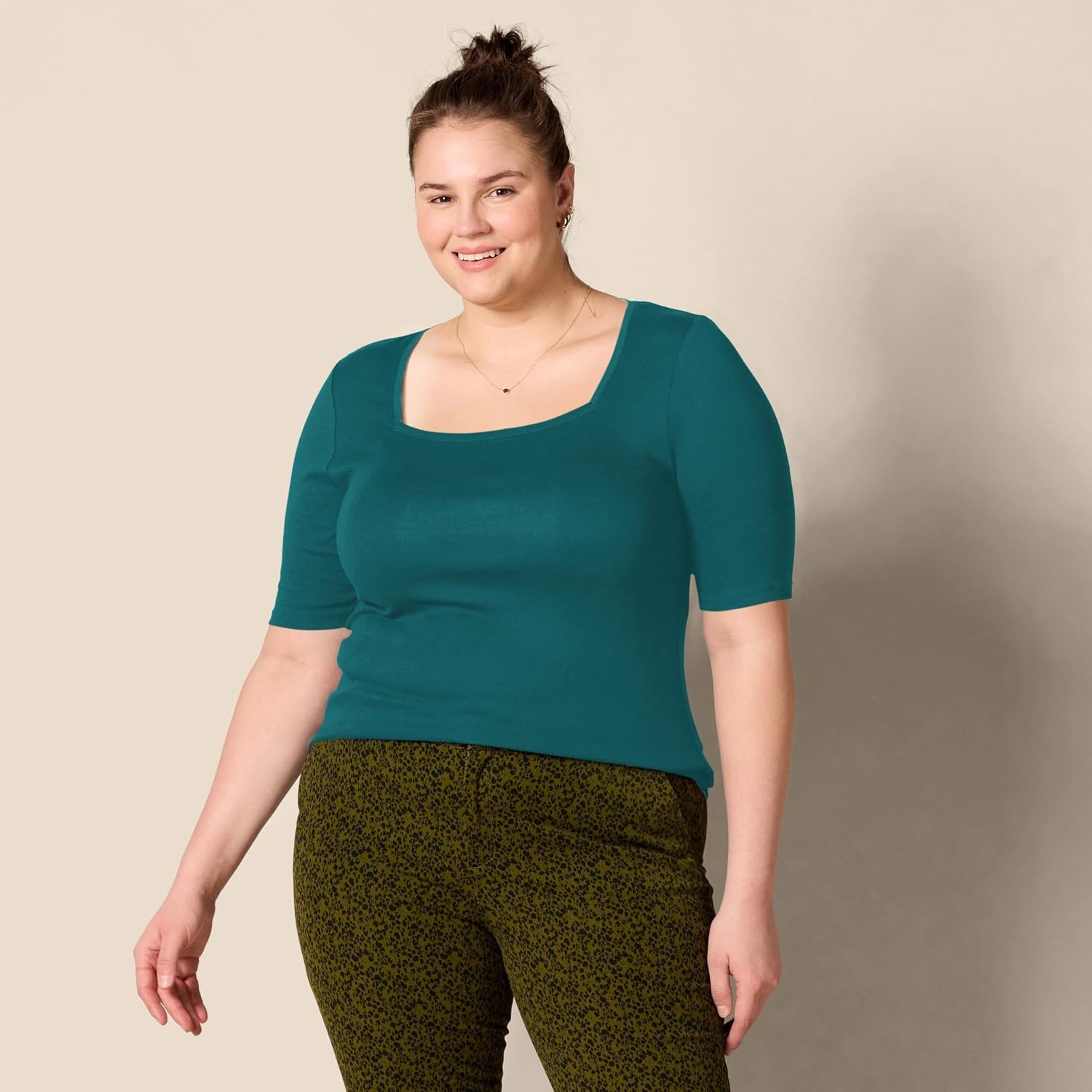 image:imageAmazon Essentials Womens Slim Fit Half Sleeve Square Neck Cotton Modal TShirtGreen Botanical