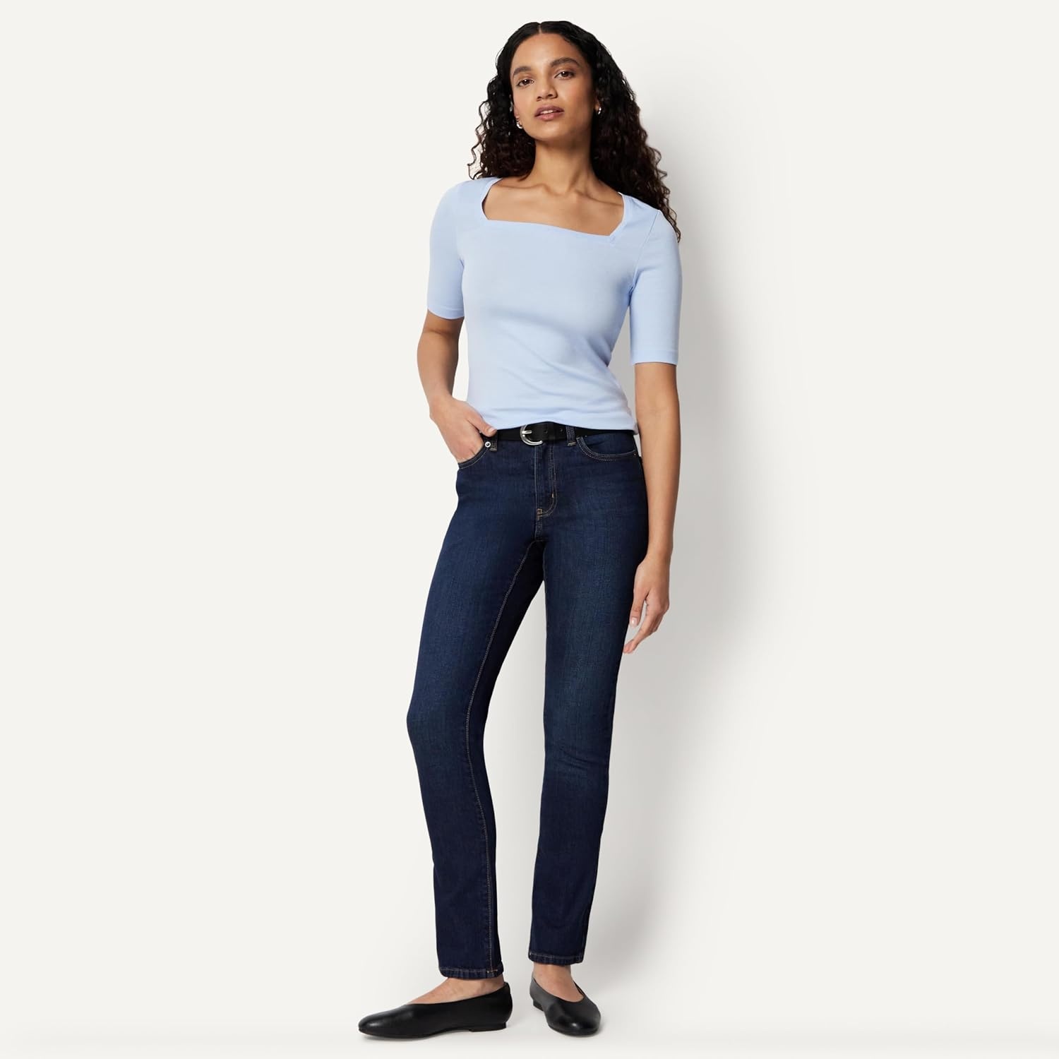 image:imageAmazon Essentials Womens Slim Fit Half Sleeve Square Neck Cotton Modal TShirtLight Blue