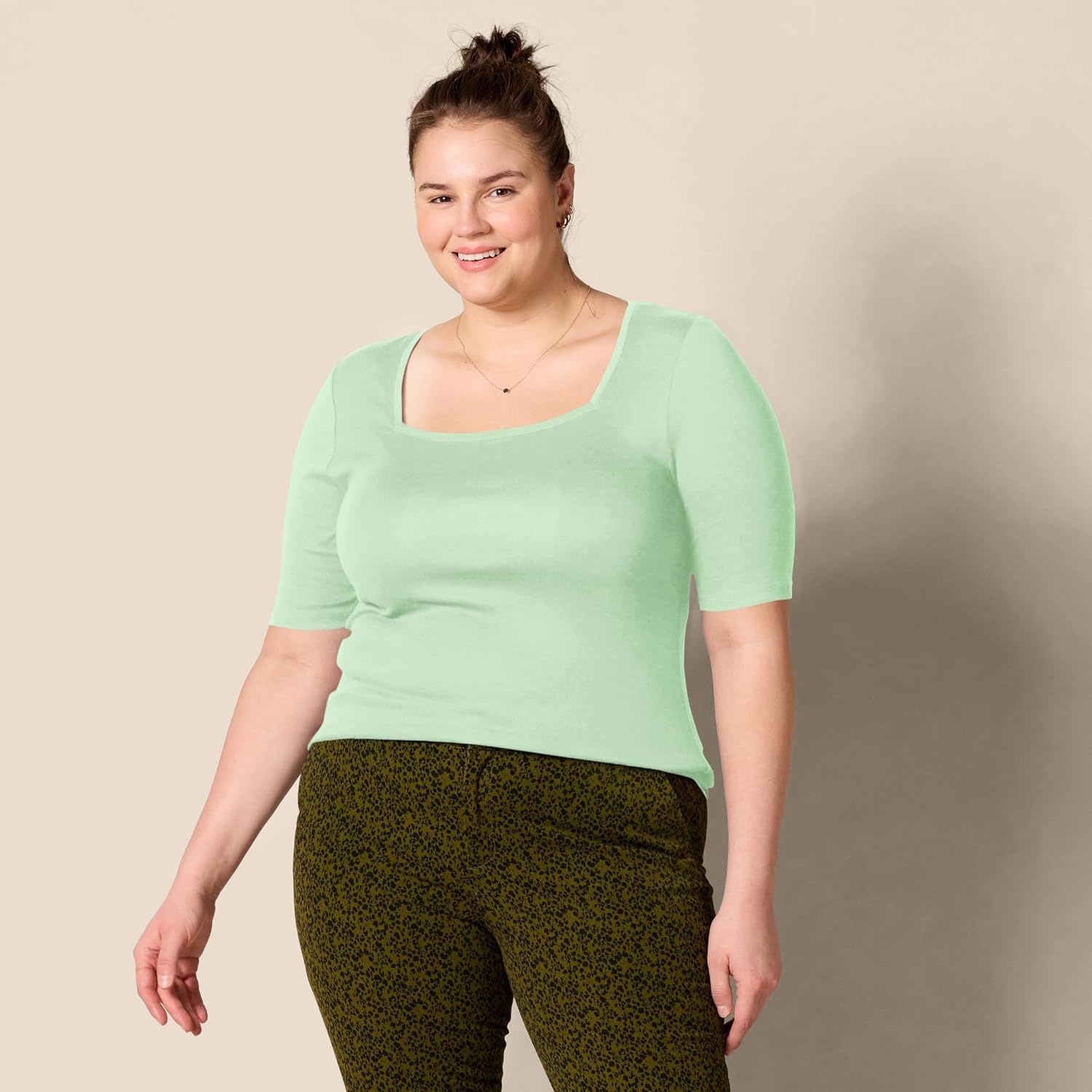 image:imageAmazon Essentials Womens Slim Fit Half Sleeve Square Neck Cotton Modal TShirtLight Green
