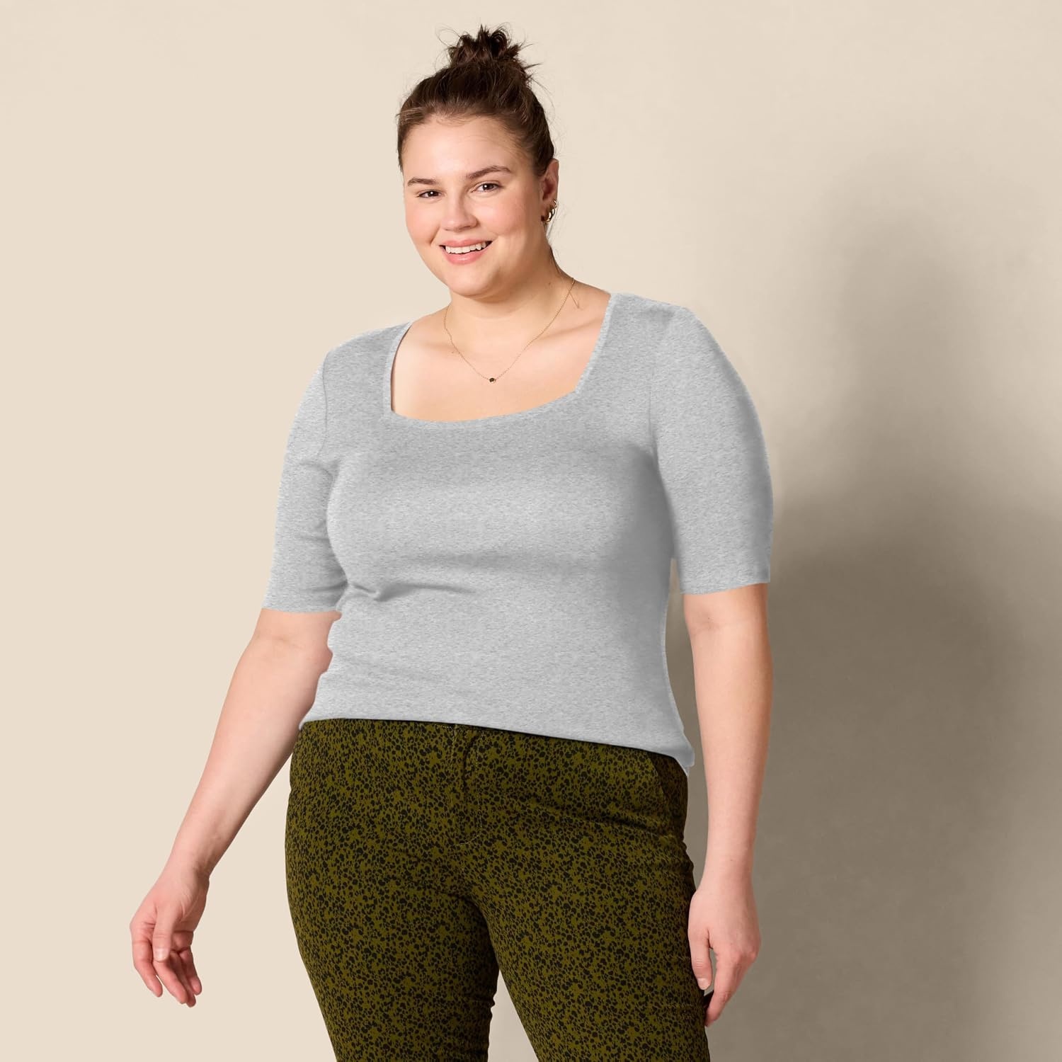 image:imageAmazon Essentials Womens Slim Fit Half Sleeve Square Neck Cotton Modal TShirtLight Grey Heather