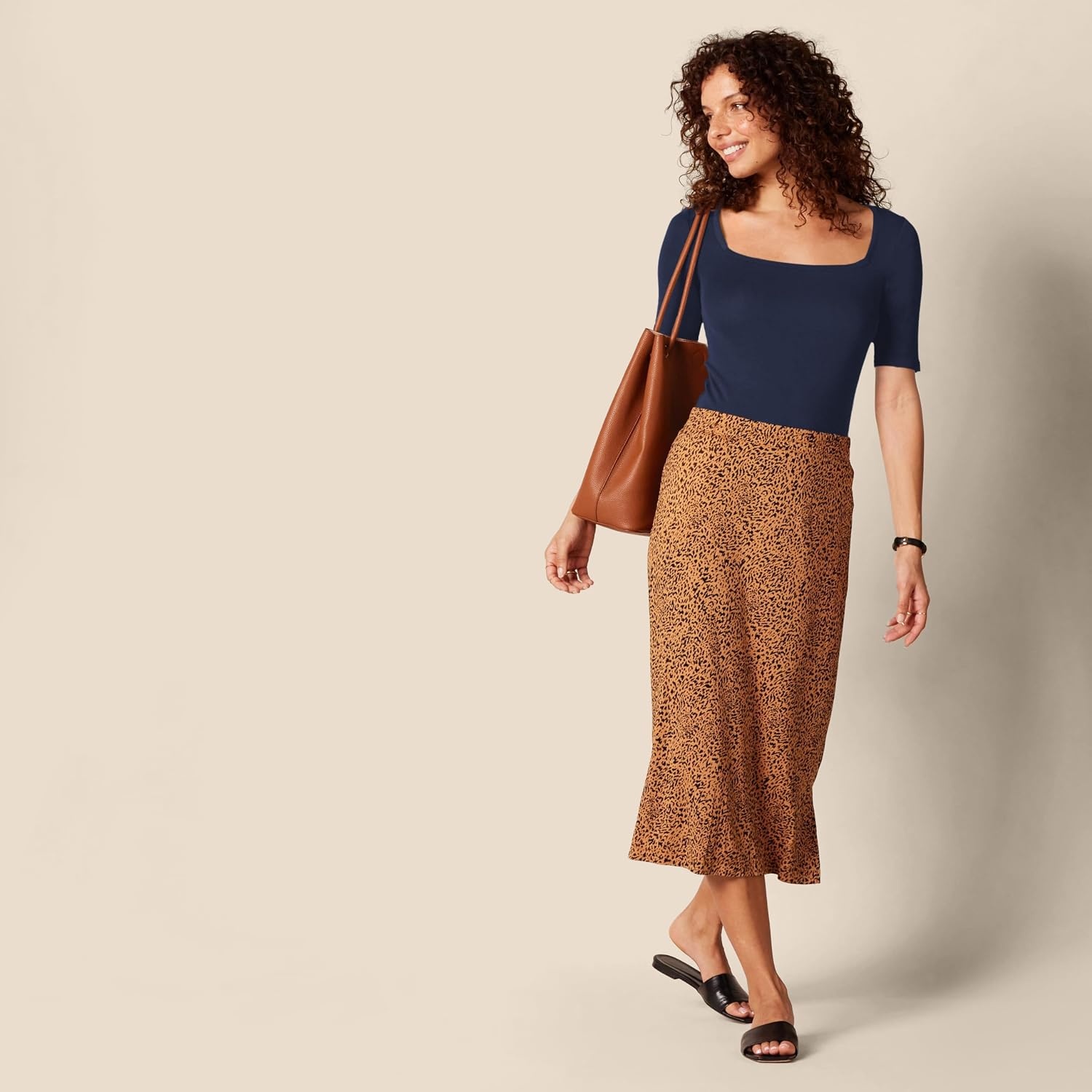 image:imageAmazon Essentials Womens Slim Fit Half Sleeve Square Neck Cotton Modal TShirtNavy