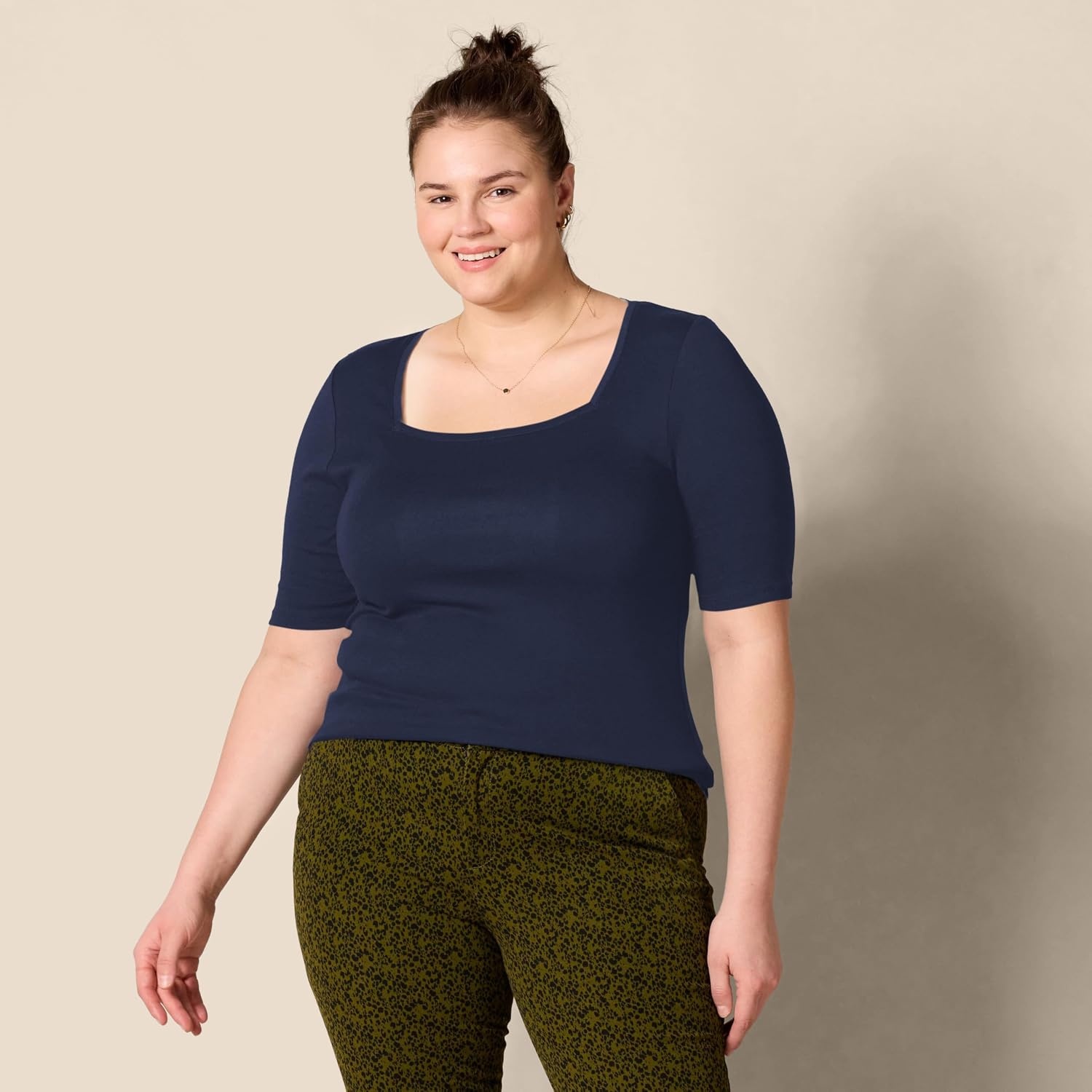 image:imageAmazon Essentials Womens Slim Fit Half Sleeve Square Neck Cotton Modal TShirtNavy