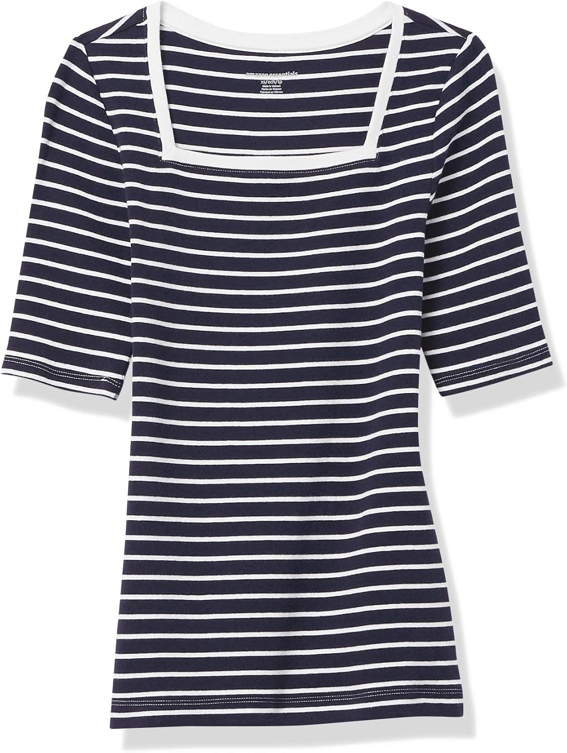 image:imageAmazon Essentials Womens Slim Fit Half Sleeve Square Neck Cotton Modal TShirtNavyWhite Stripe