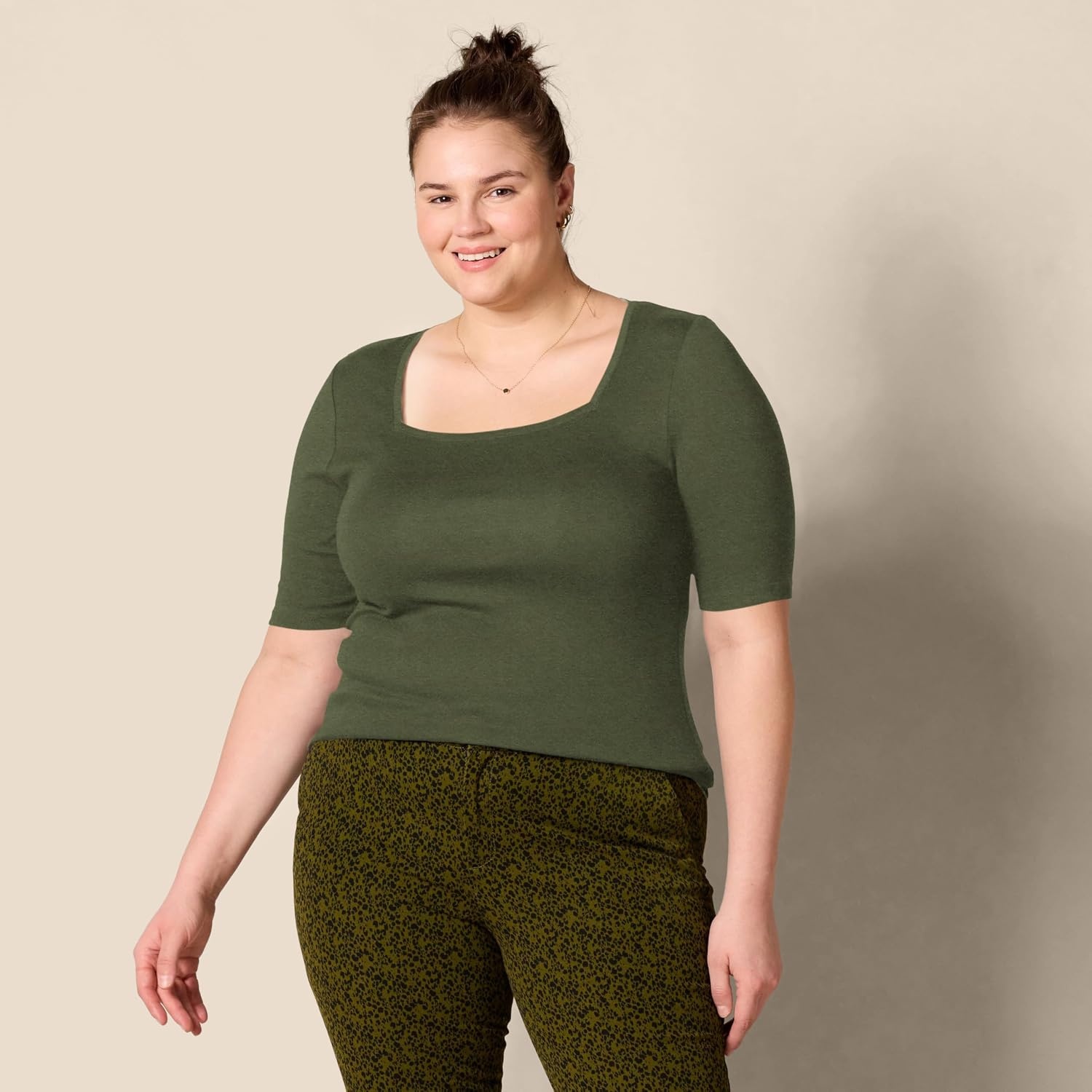 image:imageAmazon Essentials Womens Slim Fit Half Sleeve Square Neck Cotton Modal TShirtOlive