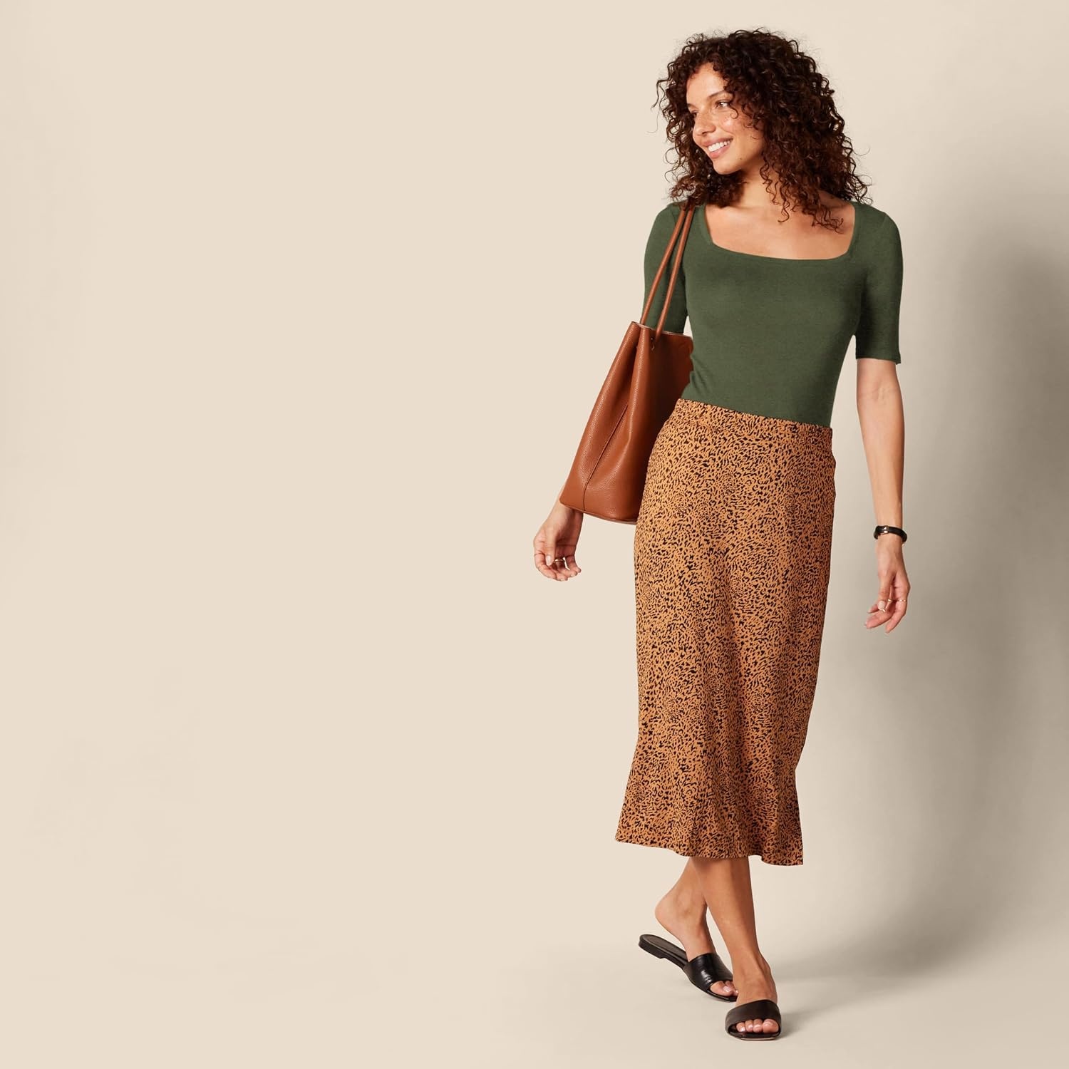 image:imageAmazon Essentials Womens Slim Fit Half Sleeve Square Neck Cotton Modal TShirtOlive