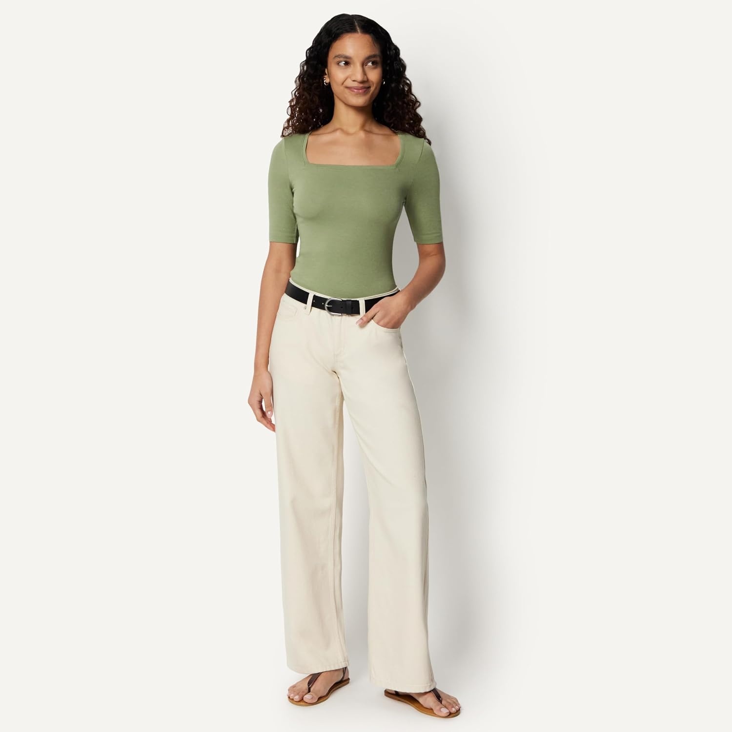 image:imageAmazon Essentials Womens Slim Fit Half Sleeve Square Neck Cotton Modal TShirtSage Green