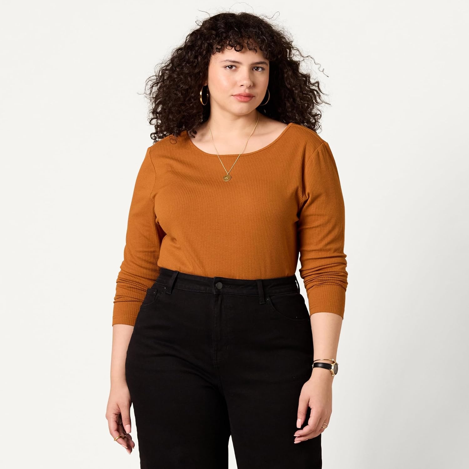 image:imageAmazon Essentials Womens Slim Fit Scoop Back Long Sleeve RibKnit TShirt Soft Stretch Layer Clothes Pack of 2BlackCaramel
