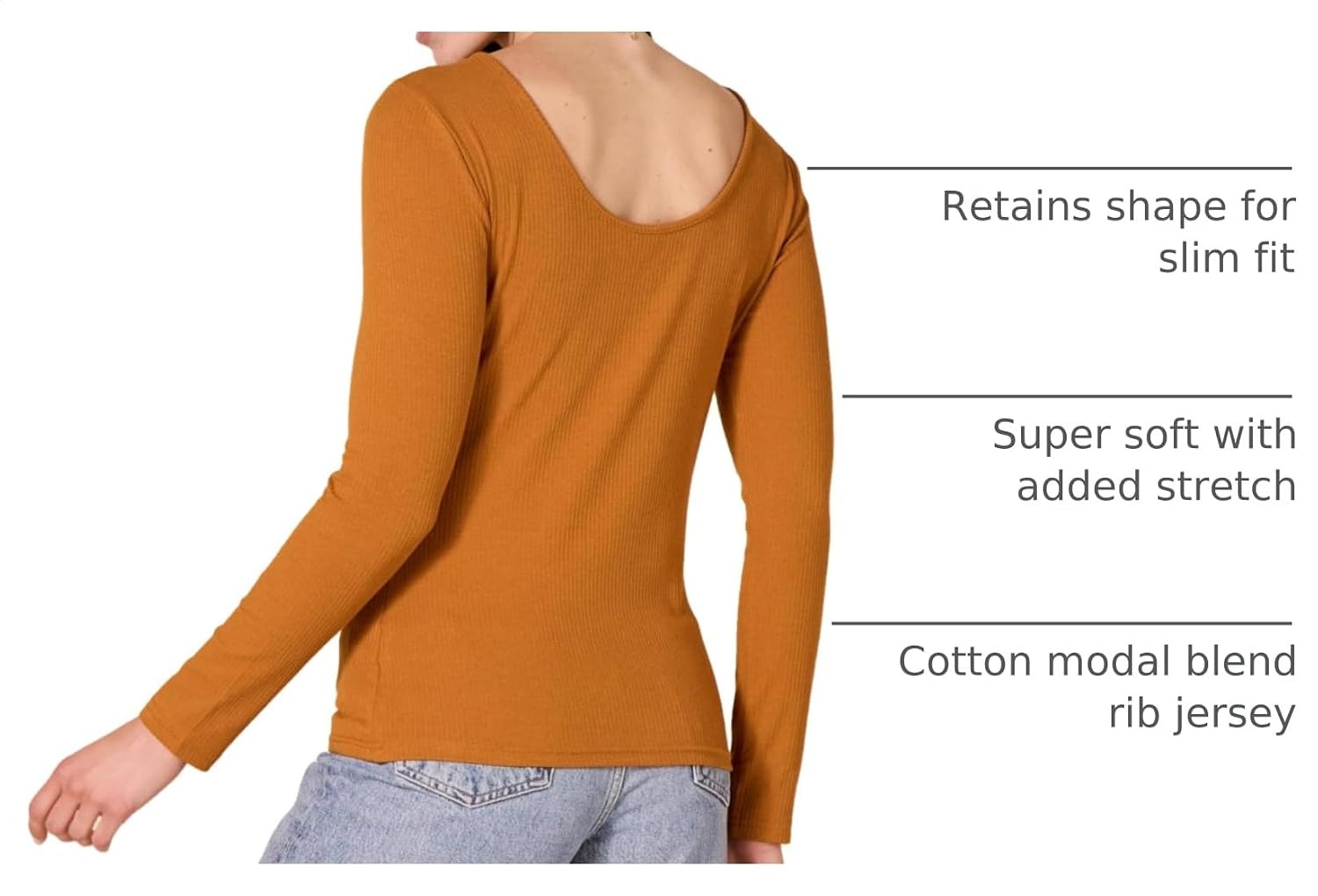 image:imageAmazon Essentials Womens Slim Fit Scoop Back Long Sleeve RibKnit TShirt Soft Stretch Layer Clothes Pack of 2BlackCaramel