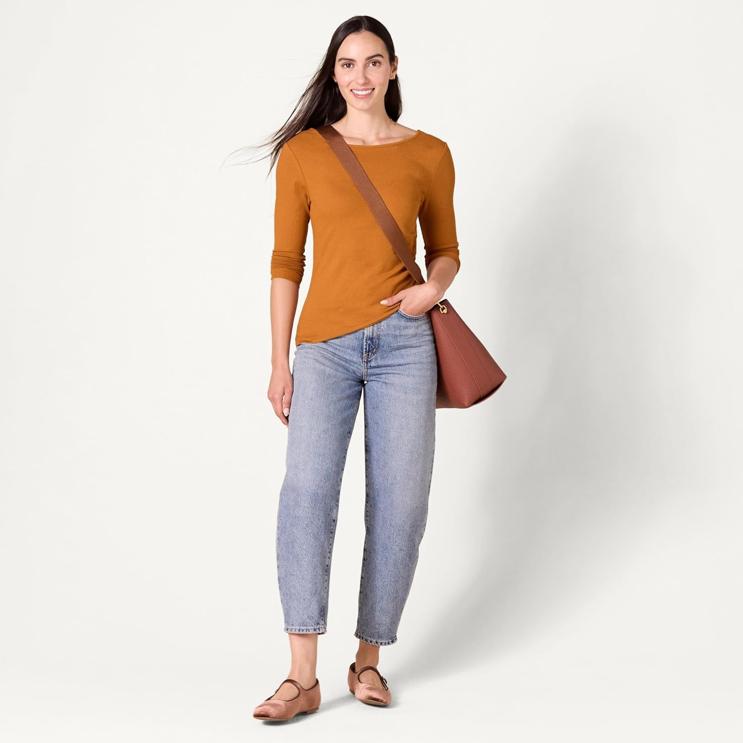 image:imageAmazon Essentials Womens Slim Fit Scoop Back Long Sleeve RibKnit TShirt Soft Stretch Layer Clothes Pack of 2BlackCaramel