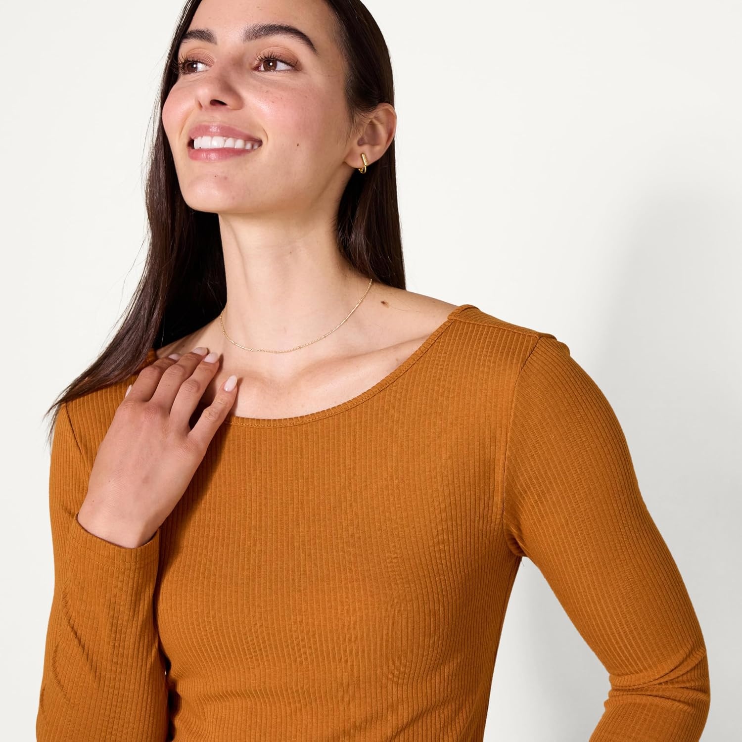 image:imageAmazon Essentials Womens Slim Fit Scoop Back Long Sleeve RibKnit TShirt Soft Stretch Layer Clothes Pack of 2BlackCaramel
