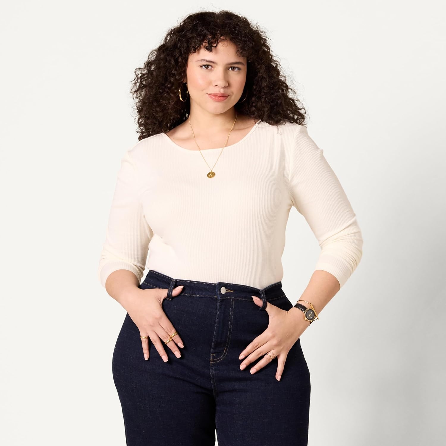 image:imageAmazon Essentials Womens Slim Fit Scoop Back Long Sleeve RibKnit TShirt Soft Stretch Layer Clothes Pack of 2BlackEggshell White