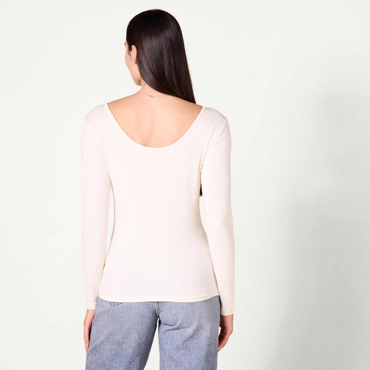 image:imageAmazon Essentials Womens Slim Fit Scoop Back Long Sleeve RibKnit TShirt Soft Stretch Layer Clothes Pack of 2BlackEggshell White