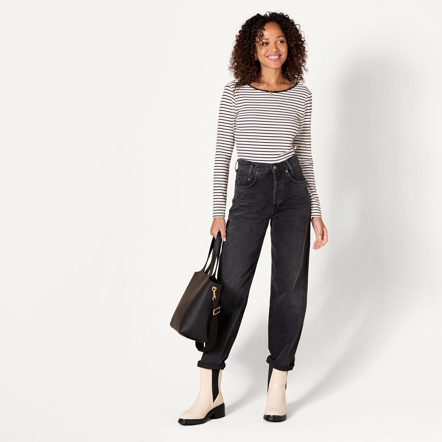 image:imageAmazon Essentials Womens Slim Fit Scoop Back Long Sleeve RibKnit TShirt Soft Stretch Layer Clothes Pack of 2BlackFrench Stripe