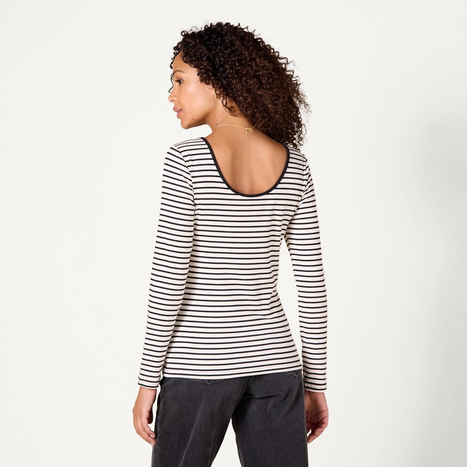 image:imageAmazon Essentials Womens Slim Fit Scoop Back Long Sleeve RibKnit TShirt Soft Stretch Layer Clothes Pack of 2BlackFrench Stripe
