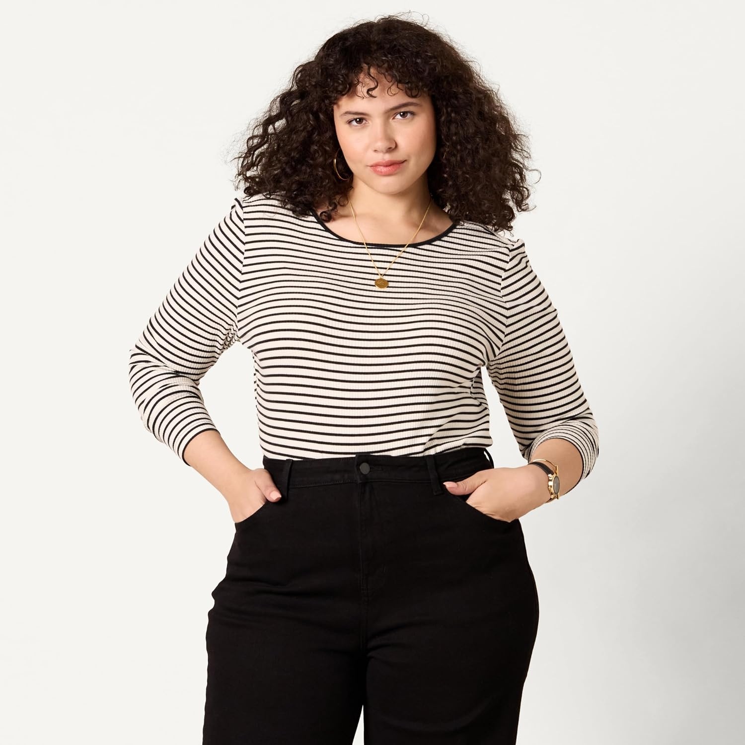 image:imageAmazon Essentials Womens Slim Fit Scoop Back Long Sleeve RibKnit TShirt Soft Stretch Layer Clothes Pack of 2BlackFrench Stripe