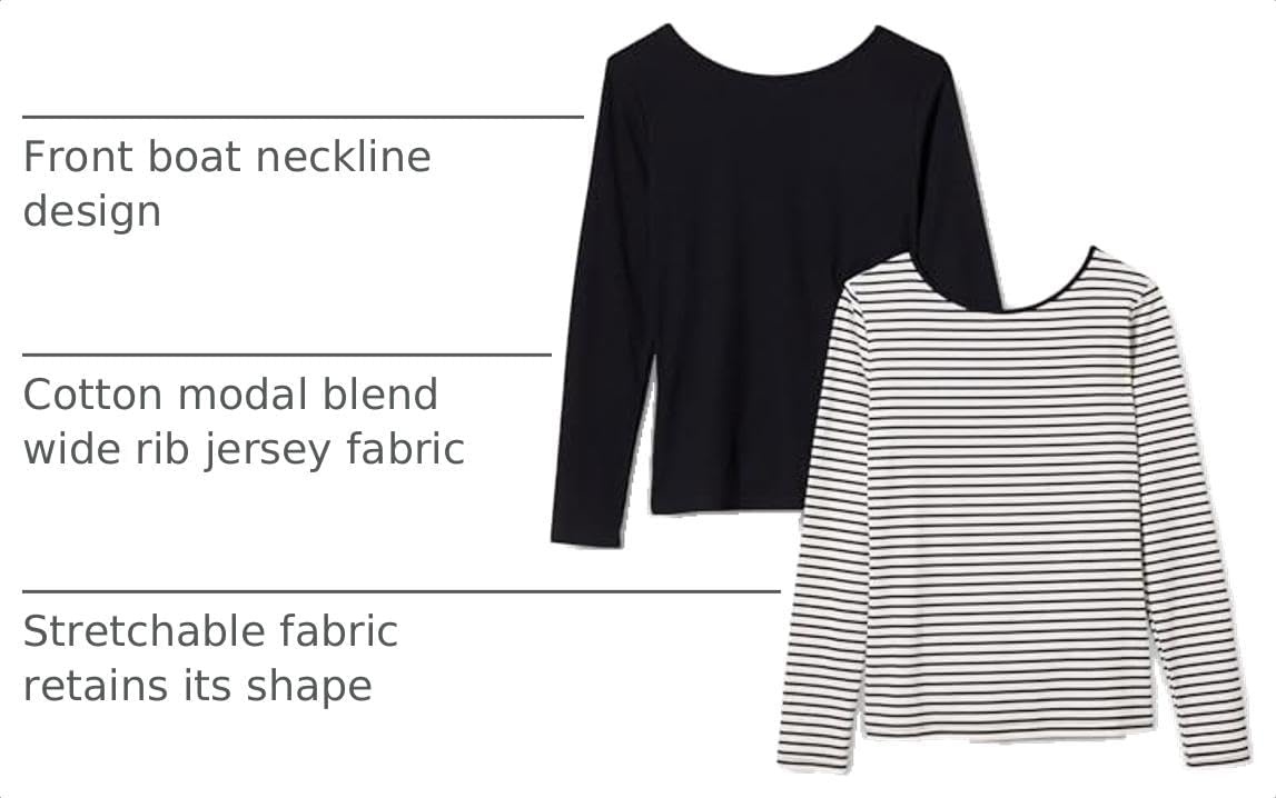 image:imageAmazon Essentials Womens Slim Fit Scoop Back Long Sleeve RibKnit TShirt Soft Stretch Layer Clothes Pack of 2BlackFrench Stripe