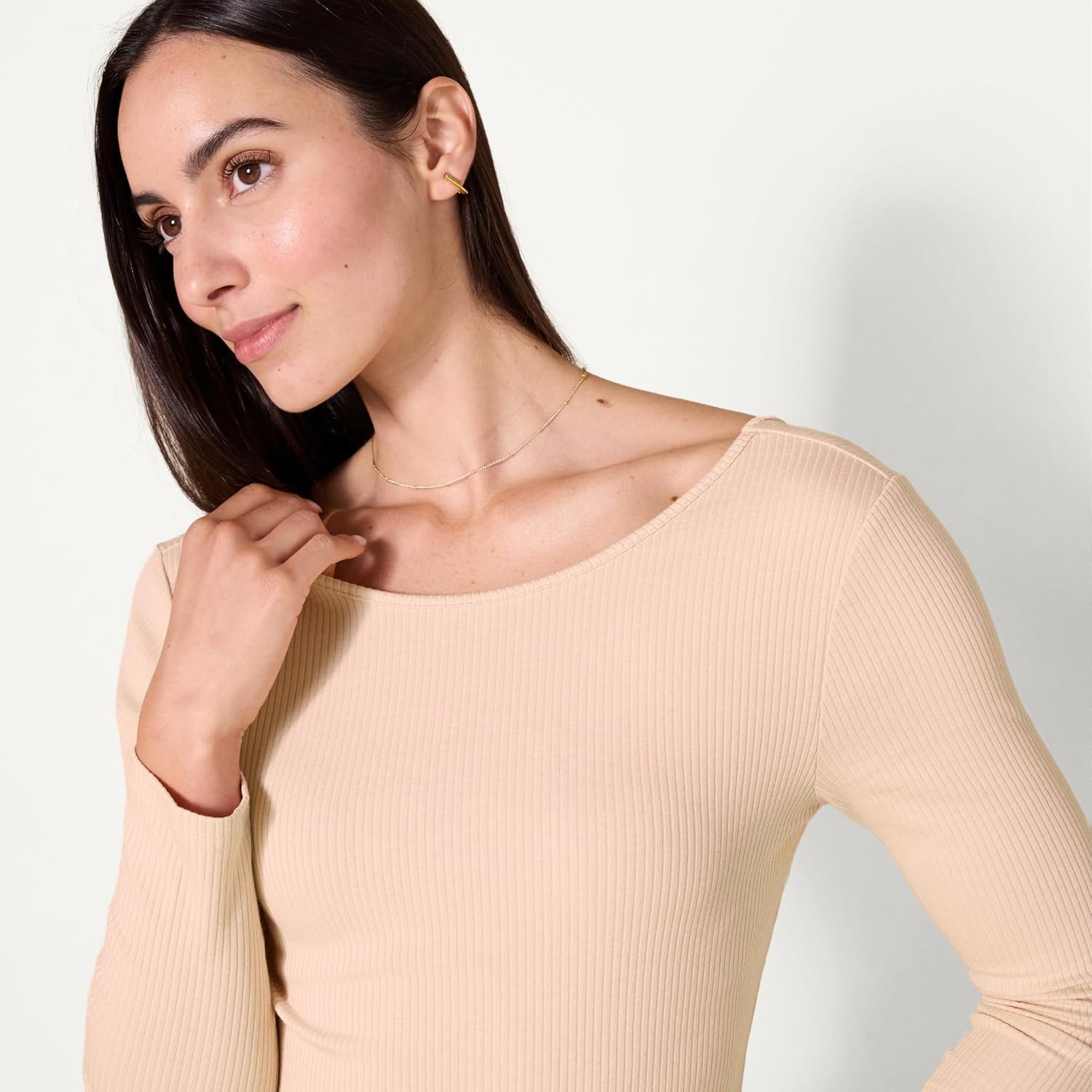 image:imageAmazon Essentials Womens Slim Fit Scoop Back Long Sleeve RibKnit TShirt Soft Stretch Layer Clothes Pack of 2BlushBurgundy