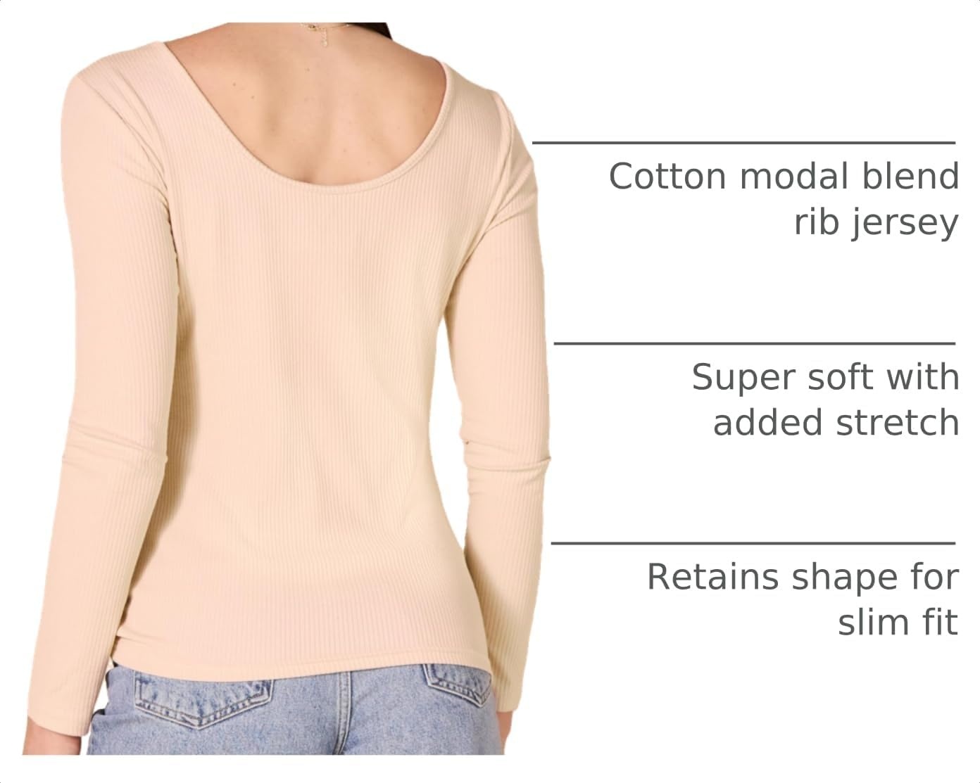 image:imageAmazon Essentials Womens Slim Fit Scoop Back Long Sleeve RibKnit TShirt Soft Stretch Layer Clothes Pack of 2BlushBurgundy