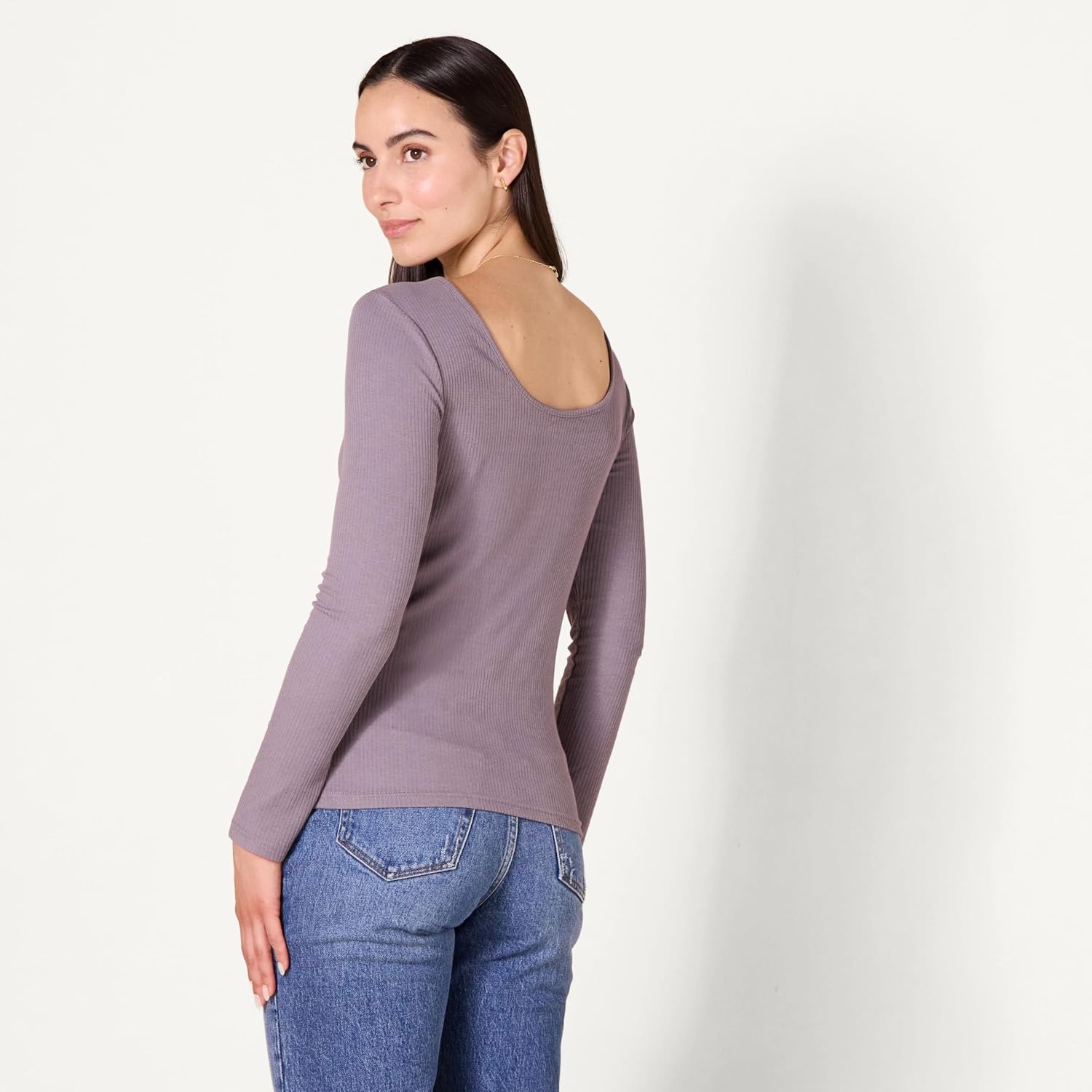 image:imageAmazon Essentials Womens Slim Fit Scoop Back Long Sleeve RibKnit TShirt Soft Stretch Layer Clothes Pack of 2GreyBlack