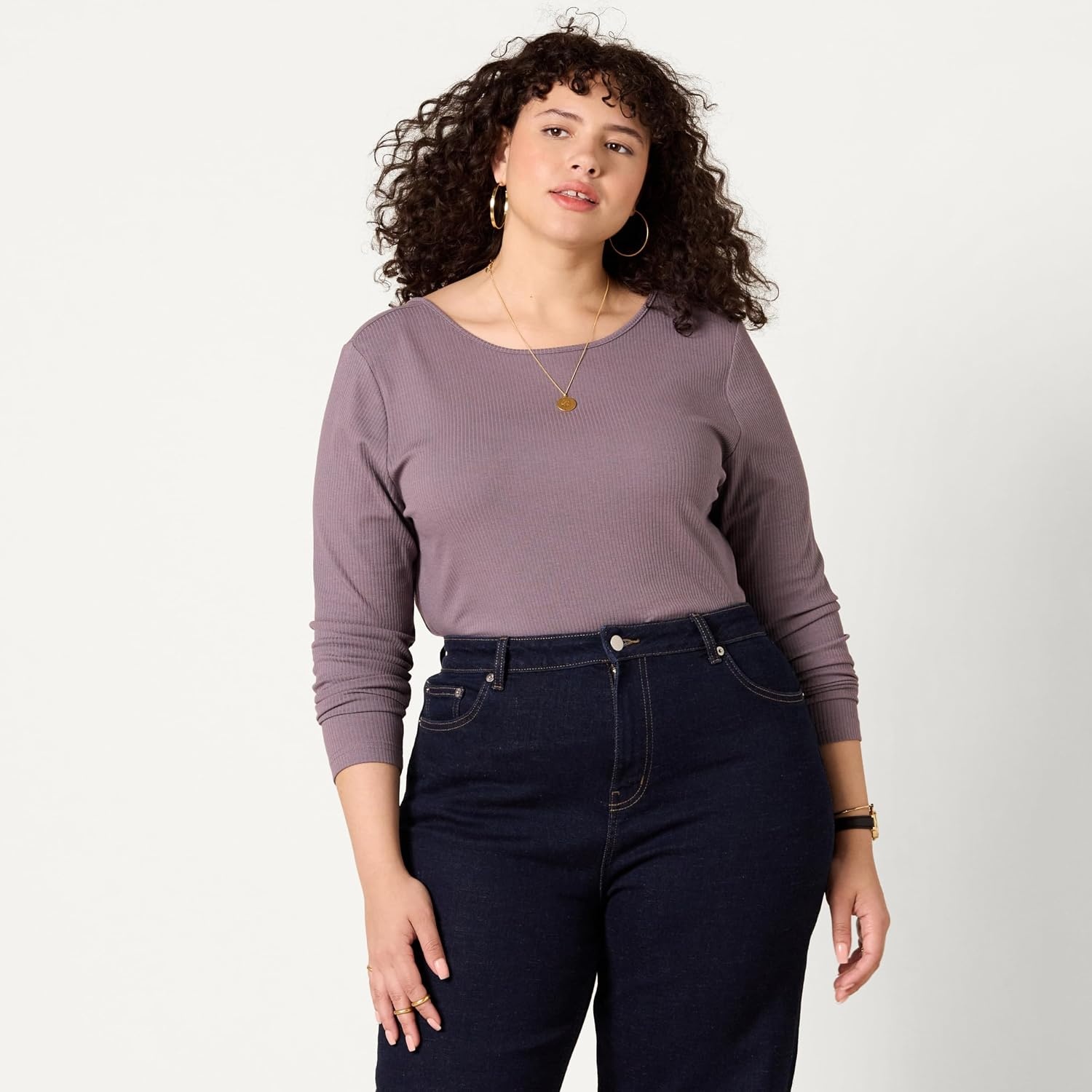 image:imageAmazon Essentials Womens Slim Fit Scoop Back Long Sleeve RibKnit TShirt Soft Stretch Layer Clothes Pack of 2GreyBlack