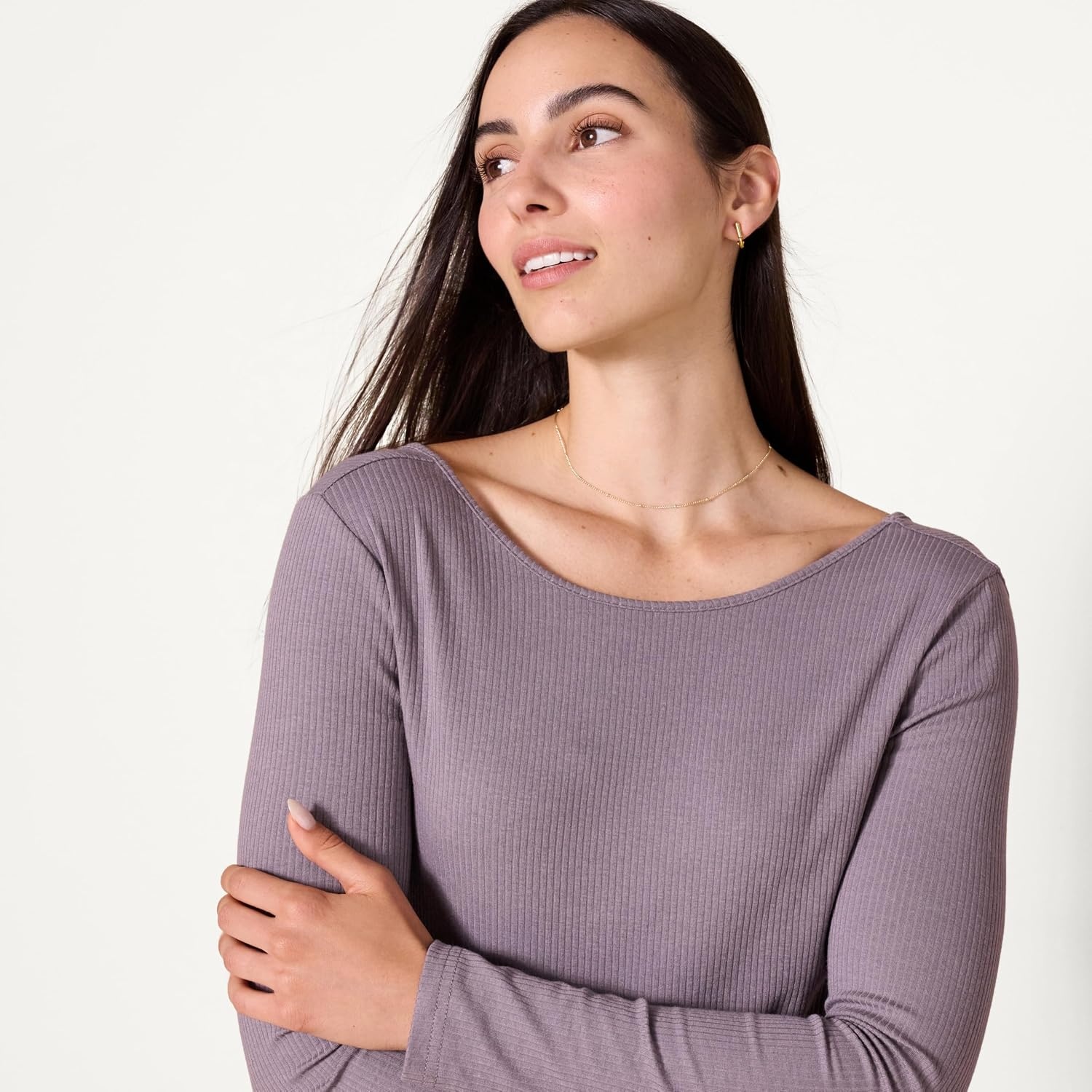 image:imageAmazon Essentials Womens Slim Fit Scoop Back Long Sleeve RibKnit TShirt Soft Stretch Layer Clothes Pack of 2GreyBlack