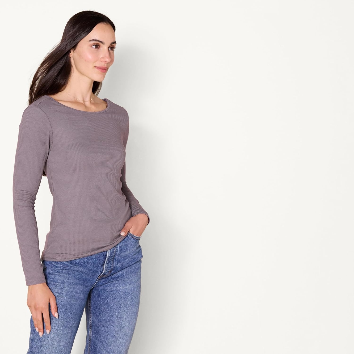image:imageAmazon Essentials Womens Slim Fit Scoop Back Long Sleeve RibKnit TShirt Soft Stretch Layer Clothes Pack of 2GreyBlack