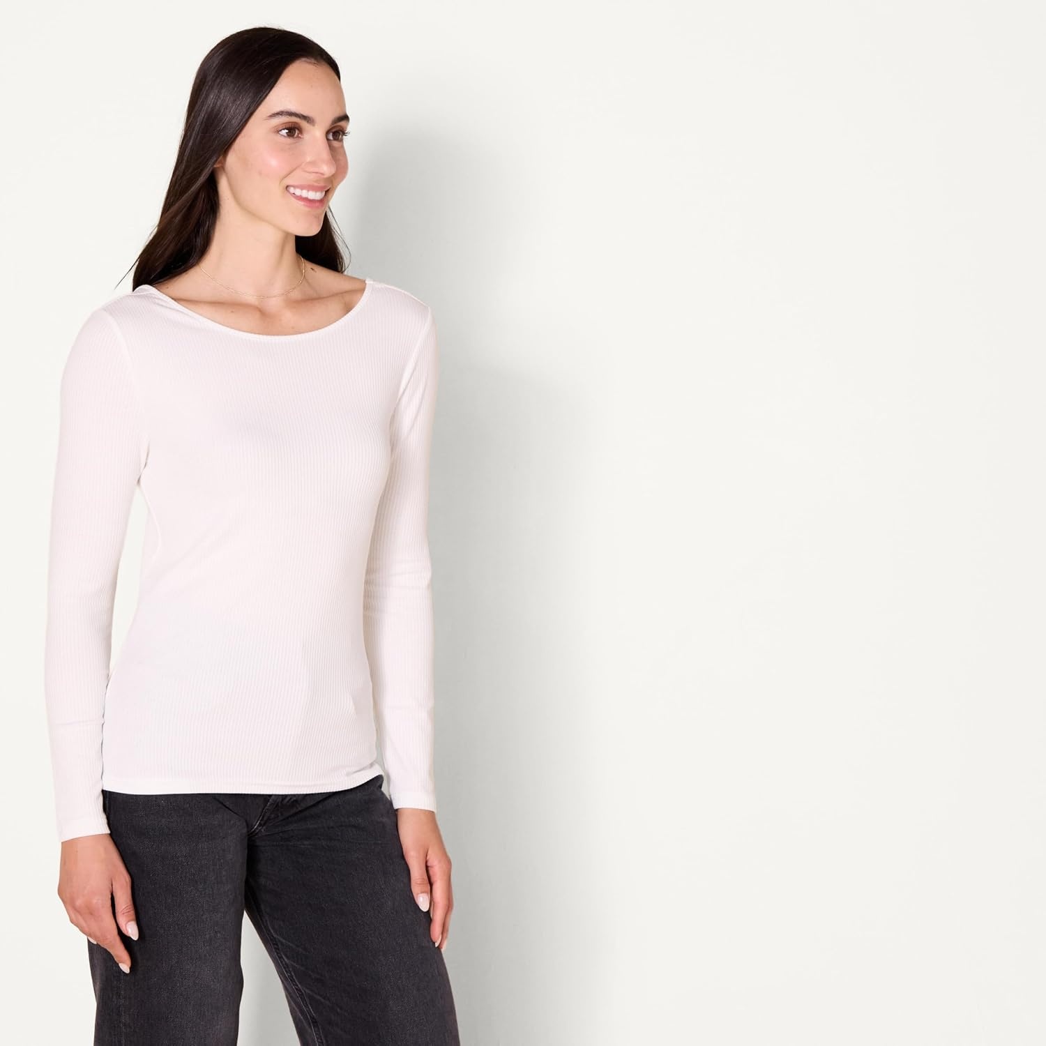 image:imageAmazon Essentials Womens Slim Fit Scoop Back Long Sleeve RibKnit TShirt Soft Stretch Layer Clothes Pack of 2PurpleWhite