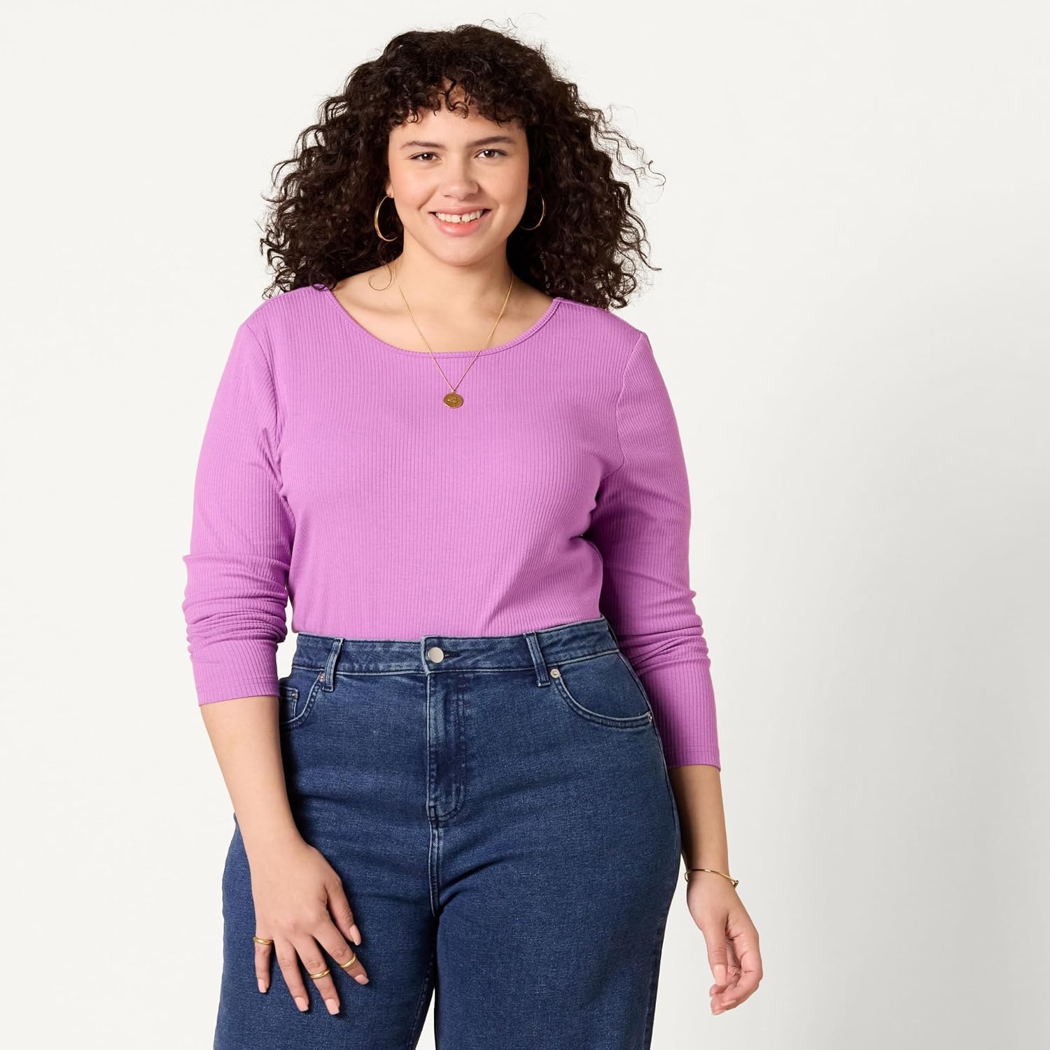 image:imageAmazon Essentials Womens Slim Fit Scoop Back Long Sleeve RibKnit TShirt Soft Stretch Layer Clothes Pack of 2PurpleWhite