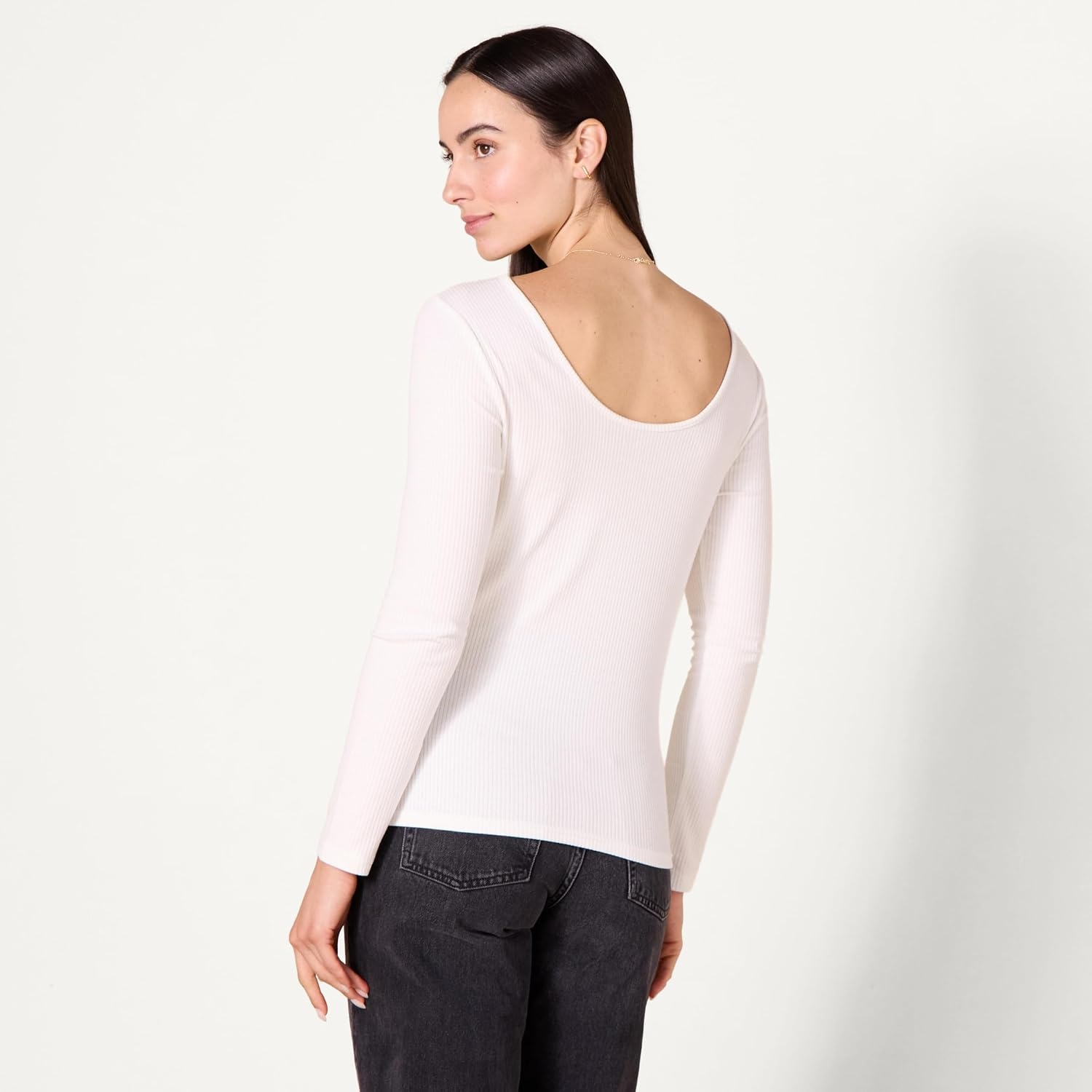 image:imageAmazon Essentials Womens Slim Fit Scoop Back Long Sleeve RibKnit TShirt Soft Stretch Layer Clothes Pack of 2PurpleWhite