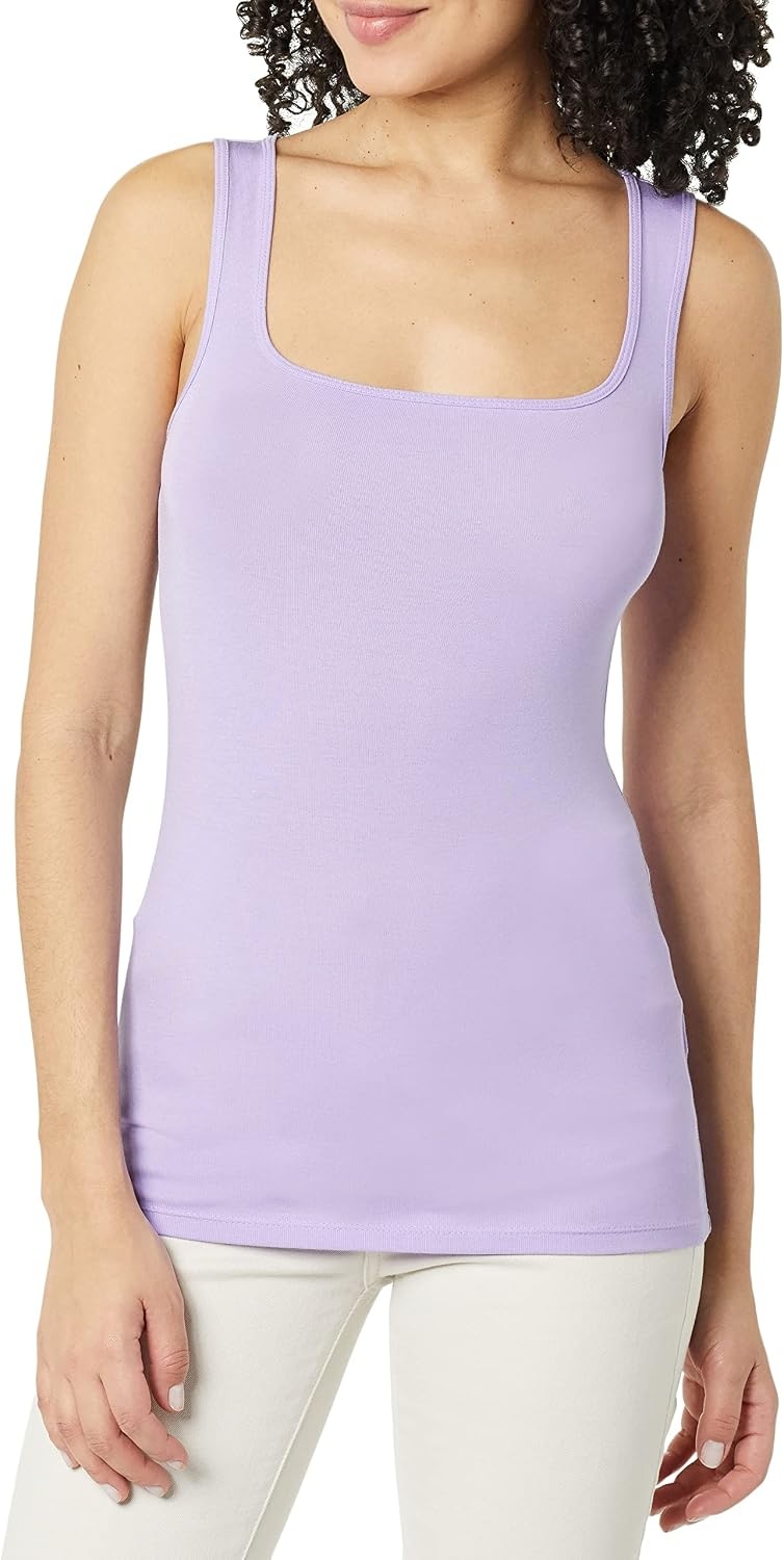 image:imageAmazon Essentials Womens Slim Fit Square Neck Ribbed Tank Tops with Stretch Pack of 2Black Lavender