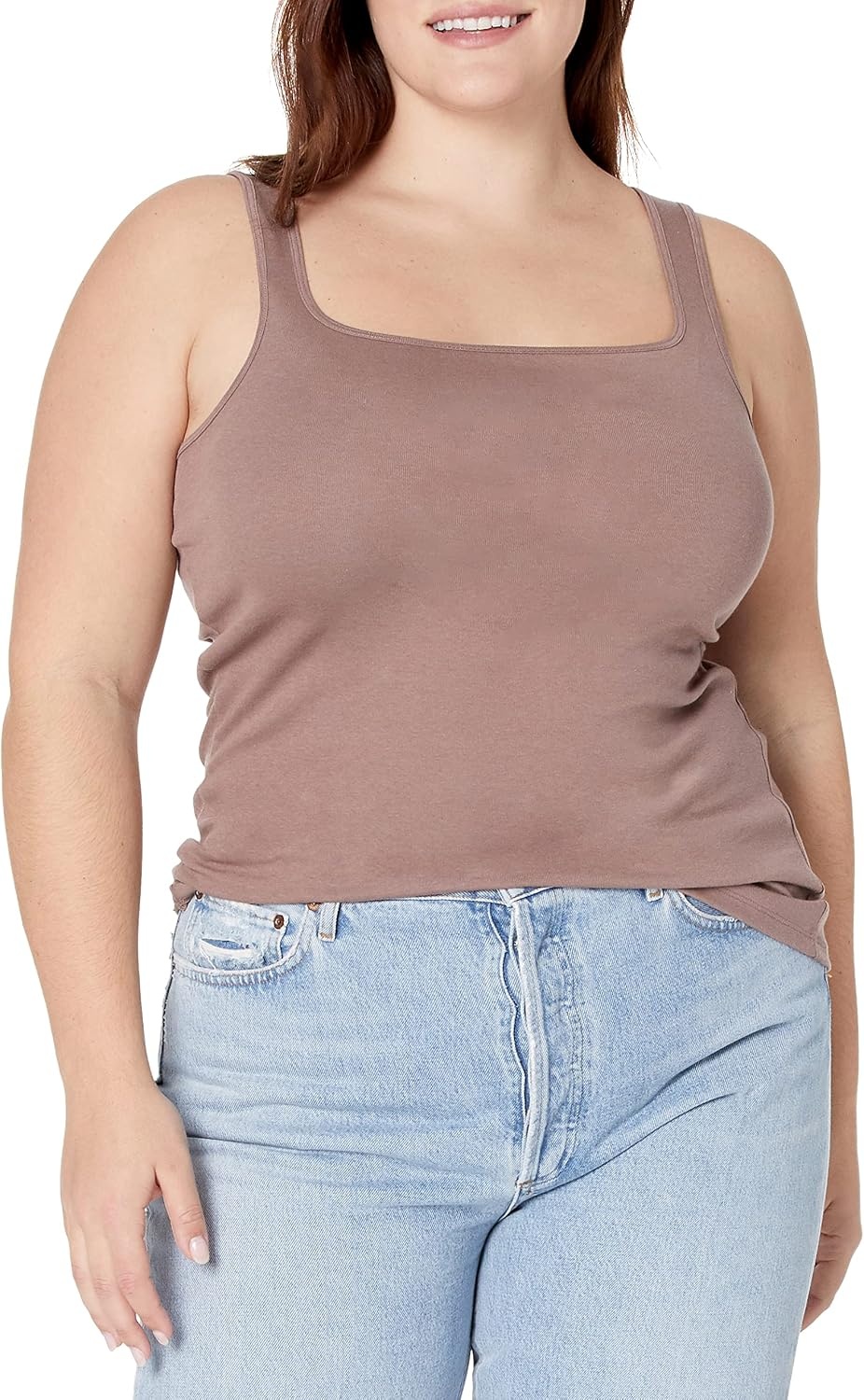 image:imageAmazon Essentials Womens Slim Fit Square Neck Ribbed Tank Tops with Stretch Pack of 2Dark BeigeDark Beige