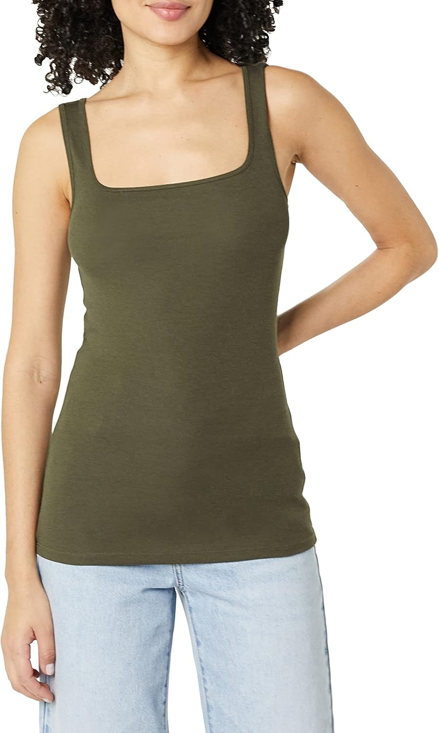 image:imageAmazon Essentials Womens Slim Fit Square Neck Ribbed Tank Tops with Stretch Pack of 2Dark Olive Black