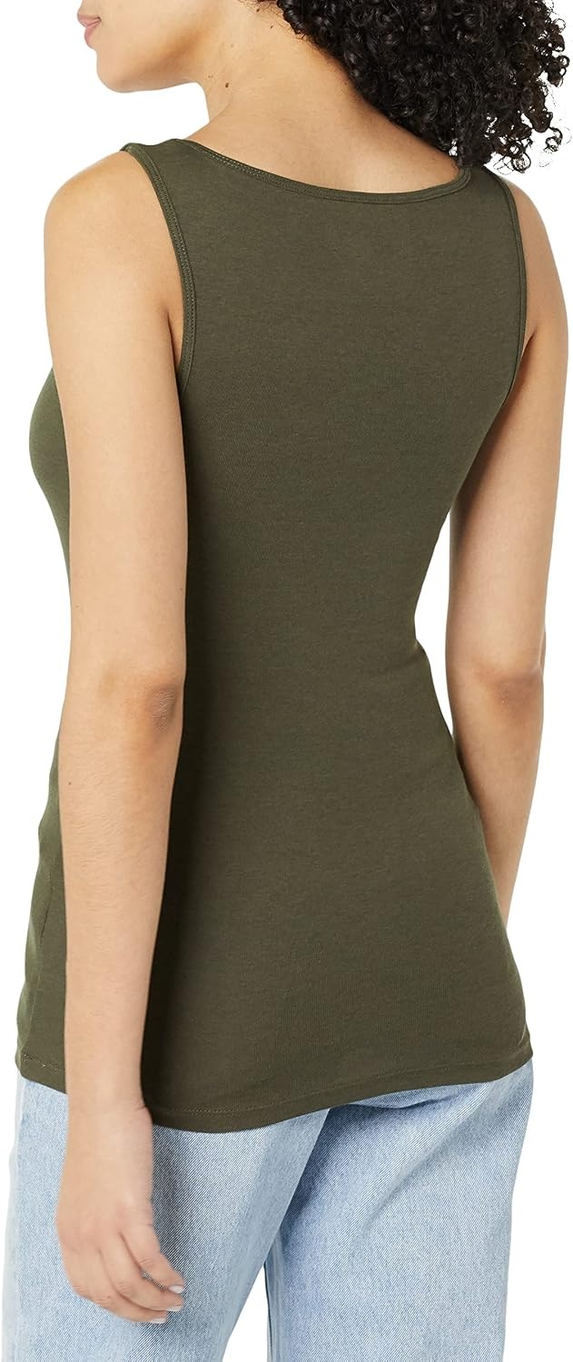 image:imageAmazon Essentials Womens Slim Fit Square Neck Ribbed Tank Tops with Stretch Pack of 2Dark OliveBlack