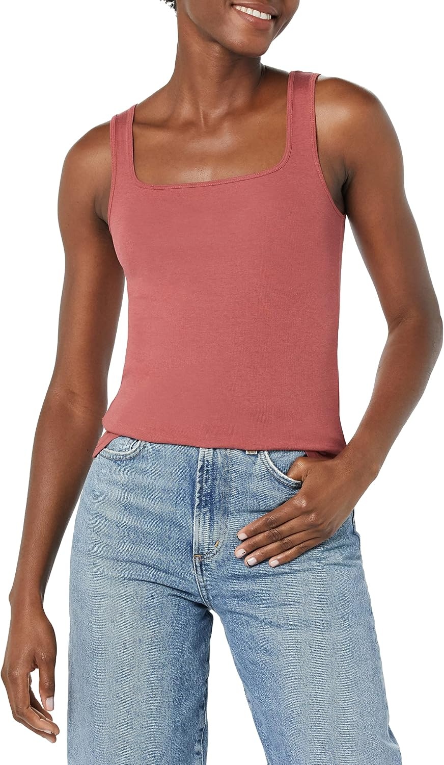 image:imageAmazon Essentials Womens Slim Fit Square Neck Ribbed Tank Tops with Stretch Pack of 2Deep BrownDeep Brown