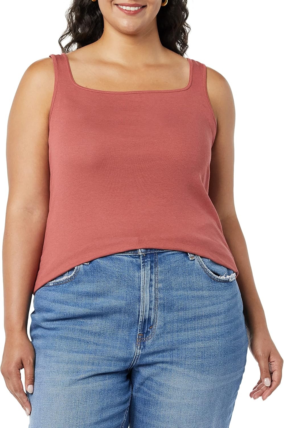 image:imageAmazon Essentials Womens Slim Fit Square Neck Ribbed Tank Tops with Stretch Pack of 2Deep BrownDeep Brown