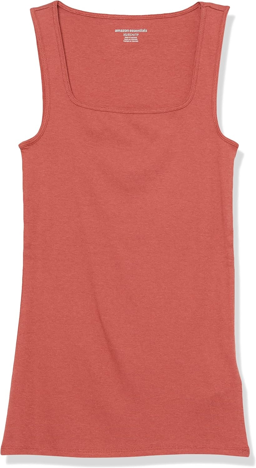 image:imageAmazon Essentials Womens Slim Fit Square Neck Ribbed Tank Tops with Stretch Pack of 2Deep BrownDeep Brown