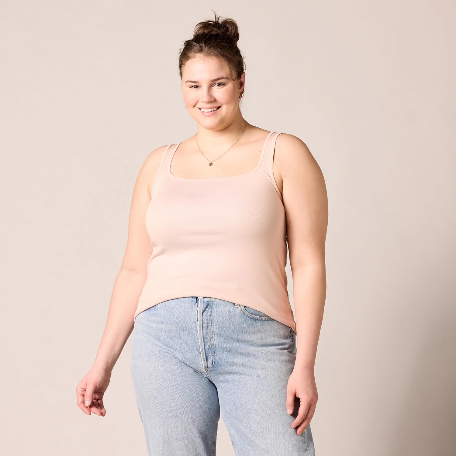 image:imageAmazon Essentials Womens Slim Fit Square Neck Ribbed Tank Tops with Stretch Pack of 2Light BeigeLight Beige