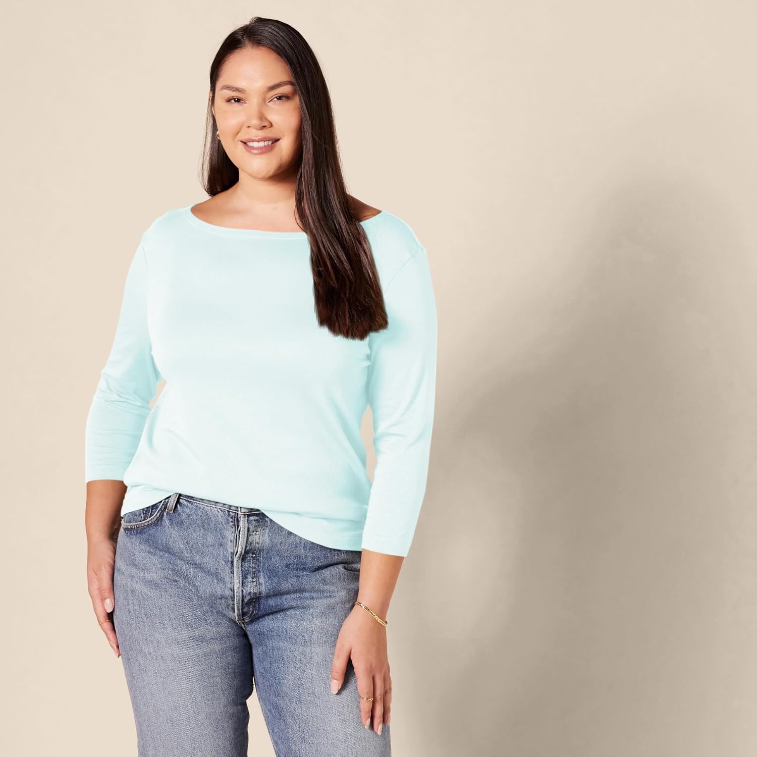 image:imageAmazon Essentials Womens SlimFit 34 Sleeve Boat Neck Tops Cotton Modal TShirtAqua Blue