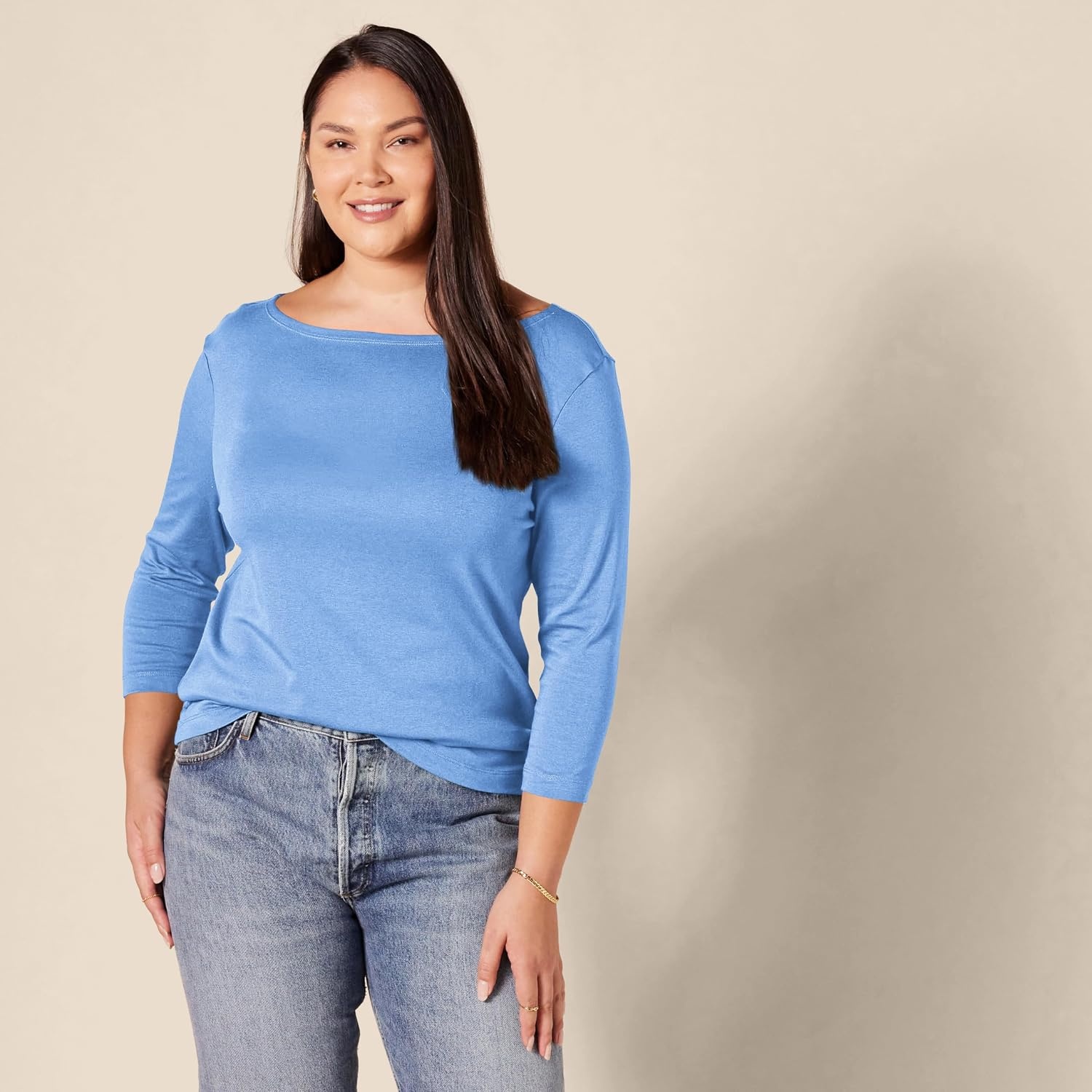 image:imageAmazon Essentials Womens SlimFit 34 Sleeve Boat Neck Tops Cotton Modal TShirtBlue