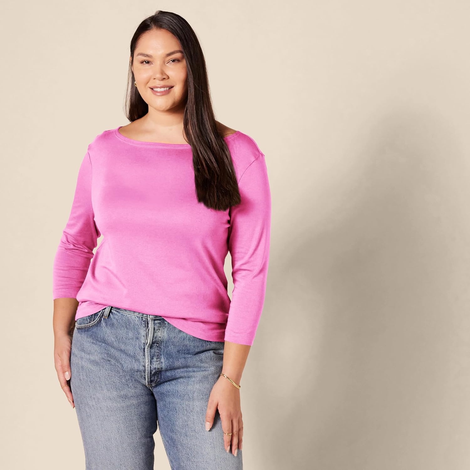 image:imageAmazon Essentials Womens SlimFit 34 Sleeve Boat Neck Tops Cotton Modal TShirtBright Pink