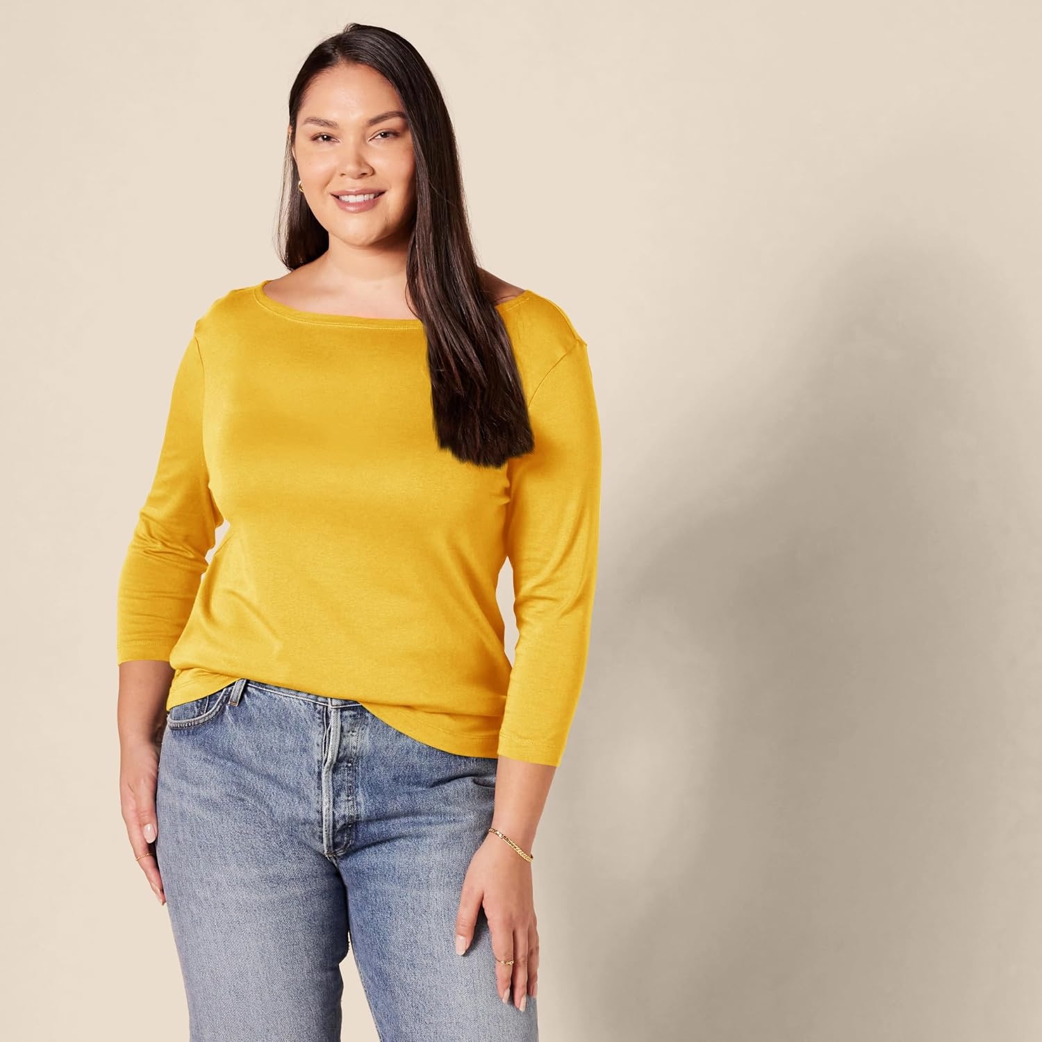 image:imageAmazon Essentials Womens SlimFit 34 Sleeve Boat Neck Tops Cotton Modal TShirtGold